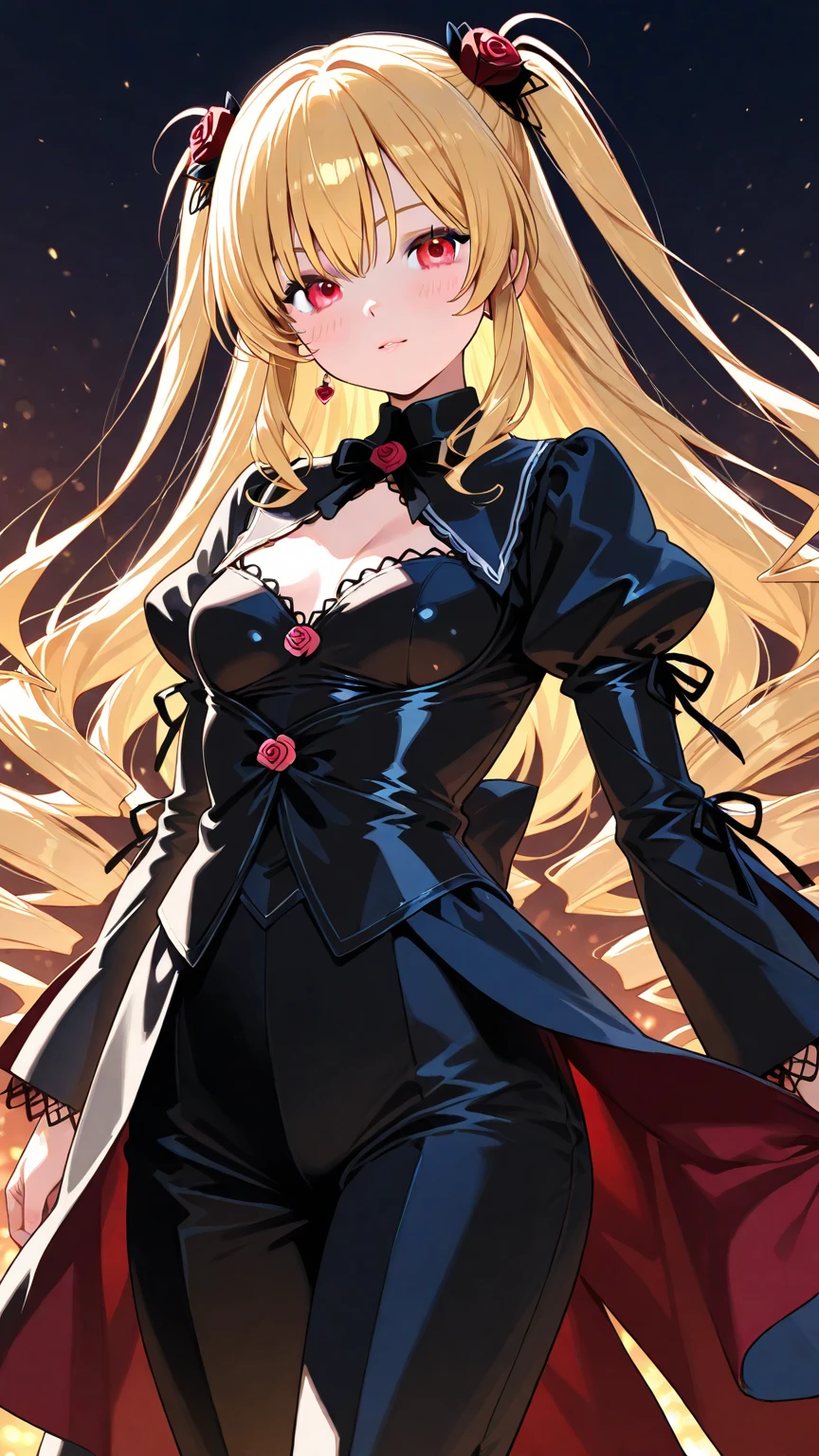 a beautiful woman with absurdly long blonde hair, (red eyes: 1.5), big breast, red lipstick, wearing a rococo dress with a red corset with black lace, a wide red skirt with lots of black lace and ruby ​​inserts, ong and thin black winter cape with fleece, elbow black gloves, royalty, red and translucent butterflies around, an anime drawing inspired by Yanjun Cheng, Pisif, Fantasy art, blonde flowing hair, Long curly blobde hair, Guviz, a beautiful anime portrait, Guviz-style artwork, in the art style of bowater, Anime girl with long hair, blonde wavy hair, Beautiful anime style, detailed eyes, detailed hands, detailed face, elf girl
