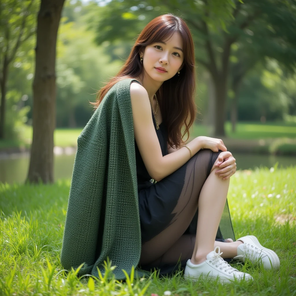 masterpiece, best quality, Surreal, Ultra Detailed, 8k resolution, RAW photos, Clear focus, (A girl in the forest), ((light gray shirt)), sleeveless, sports Shorts,, Solitary, Perfect body, Perfect body, Bangs to eyebrows、Beautiful brown hair、Beautiful and delicate eyes、Brown eyes、Raise an eyebrow、Bangs to eyebrows、Beautiful brown hair、Beautiful and delicate eyes、Slender legs，Brown eyes、Raise an eyebrow、High Nose、Small nostril、Little mouth、Tempting lips、Mouth slightly open、Beautiful 、Full body、Oval face,Phoenix Eyes，Eyebrow， Double eyelids, Long eyelashes, A faint smile, full-body shot:1.2，She has a pair of eyes as clear as water，Eyebrows are like distant mountains，Creamy skin，Lips like cherry blossoms，玉Slender legs如柳枝，Her beauty is not only in appearance，It's more about her fragile yet tenacious temperament，Like a hibiscus flower swaying in the wind，It's pitiful， A faint smile, full-body shot:1.2，Playful and flirty pose，The calves are straight and thin:1.5，Wear high-end brand colored sneakers:1.5，
 32 inches in the ,(a charming smile:1), ( pose)，26 years old, light,White shoes，Stand up