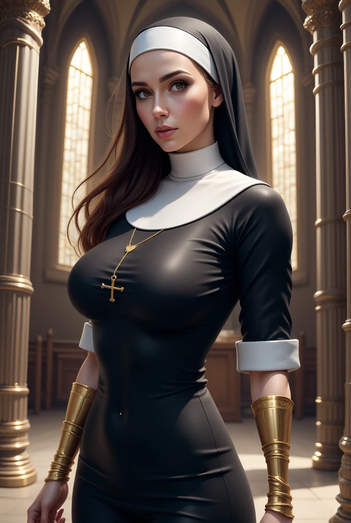 Lucy Pinder, face portrait, ((Very Intense Makeup)), ((brilliant Lipstick)), smiling, long hair, brown hair, the nun, voluptuous woman, neckline, BACK, beautiful , ((voluptuous woman))