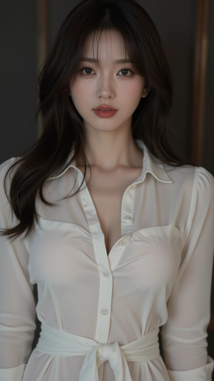 ((Best Quality, 8K, Masterpiece: 1.3)), Sharp: 1.2, Perfect Body Beauty: 1.4, Slim Abs: 1.2, ((Layered Hairstyle, : 1.2)), (Wet White Button Long Shirt: 1.1), (Rain, Street: 1.2), Wet: 1.5, Highly detailed face and skin texture, detailed eyes, double eyelids, side face looking at the camera, full body portrait