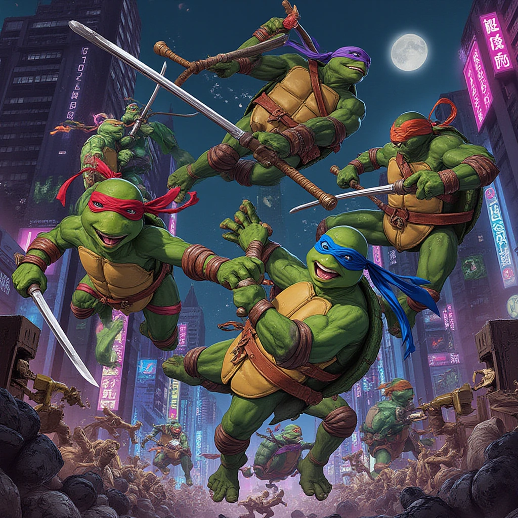 Generate this poster:

Title: Metal age Mutant Ninja Turtles
Style: Comic-book vibe (bold lines, punchy colors)

Four humanoid turtles; first with purple bandana and dual katanas, second with orange bandana and twin sai, third with red bandana and bō staff, fourth with blue bandana and two nunchakus. The turtles shall have cool metal jackets.

The turtle with the blue mask is holding Cocofanto Elephanto (a ball sized elephant and coconut crossbreed)

Next to them are two girls, one has long ginger hair and glasses, the second looks like a boy with punk and skeleton motives and hoodie covering her head.

There's also a man next to them with long straight blond hair, full brown beard, sunglasses, muscles and band tank top.

There's a Bombardiro Crocodillo flying above them (a crocodile and military bomber plane mix) and bombs exploding in the background.