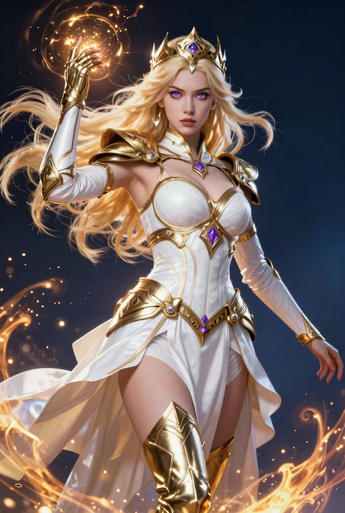 A sorceress woman (Jennifer Garner as sorceress matesr of the universe) with a powerful presence, ((white hair)), (()), (()), her body adorned with a unique blend of abstract and realistic designs, digital art, by artgerm, hyperdetailed, hi top fade, cowboy shot, dark fantasy.