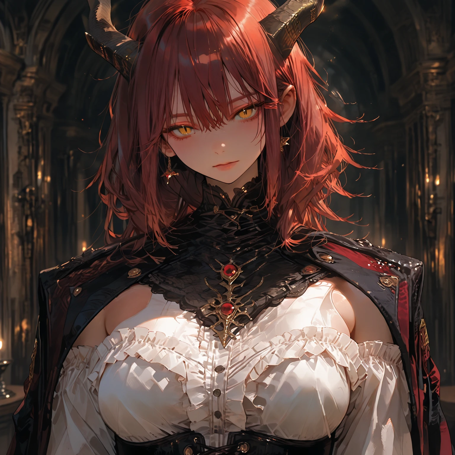 score_9,score_8_up,score_7_up,
Clergyxl,pointy ears,hair over eyes, orange hair flat chest,smile,teeth,long hair,hips,
 shoulders, pink strapless dress,pearl earrings,wrist cuffs,wristband,neck brace, horns,
church,underworld,