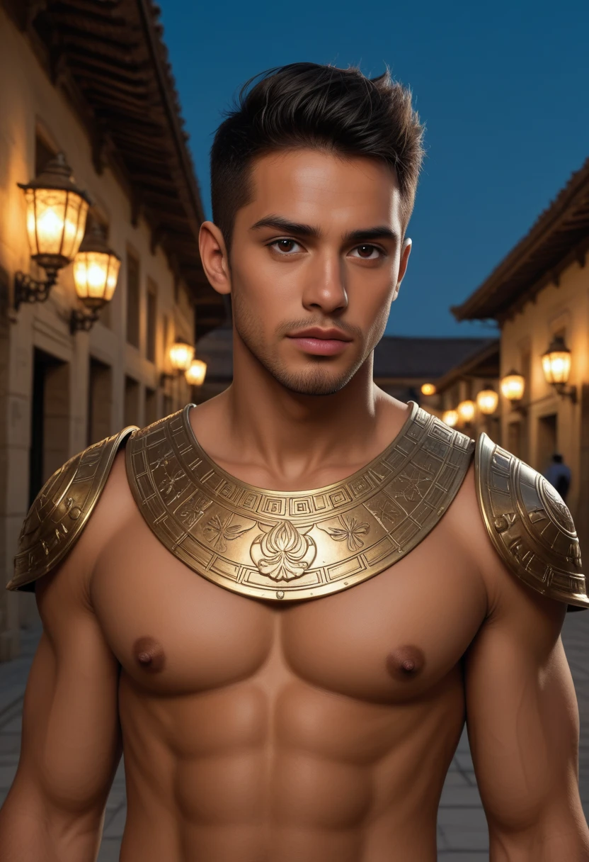 Photorealistic, Mesoamerican guy , ((best quality)), ((masterpiece)), (detailed),masculine portrait of young aztech god prince, 18-year-old male models, handsome, tall, cute looking, evil look, dark look, powerful, young male, handsome model, clean shave, silver eyes. (short curly messy brown hair:1.2), messy curly hair, super strong, muscular, fit, massive muscles, six pack, , barechested, muscle, ripped, strong body, fit body, aztech neckless, aztech loincloth, (aztec draped cloth skirt), aztech garment, aztech pyramid in the background, (Dark background:1.2) (aztec pyramid:1.4), 8k, high detailed, ultra-detailed, Stylish Pose, real skin texture, dark cinematic lighting,
