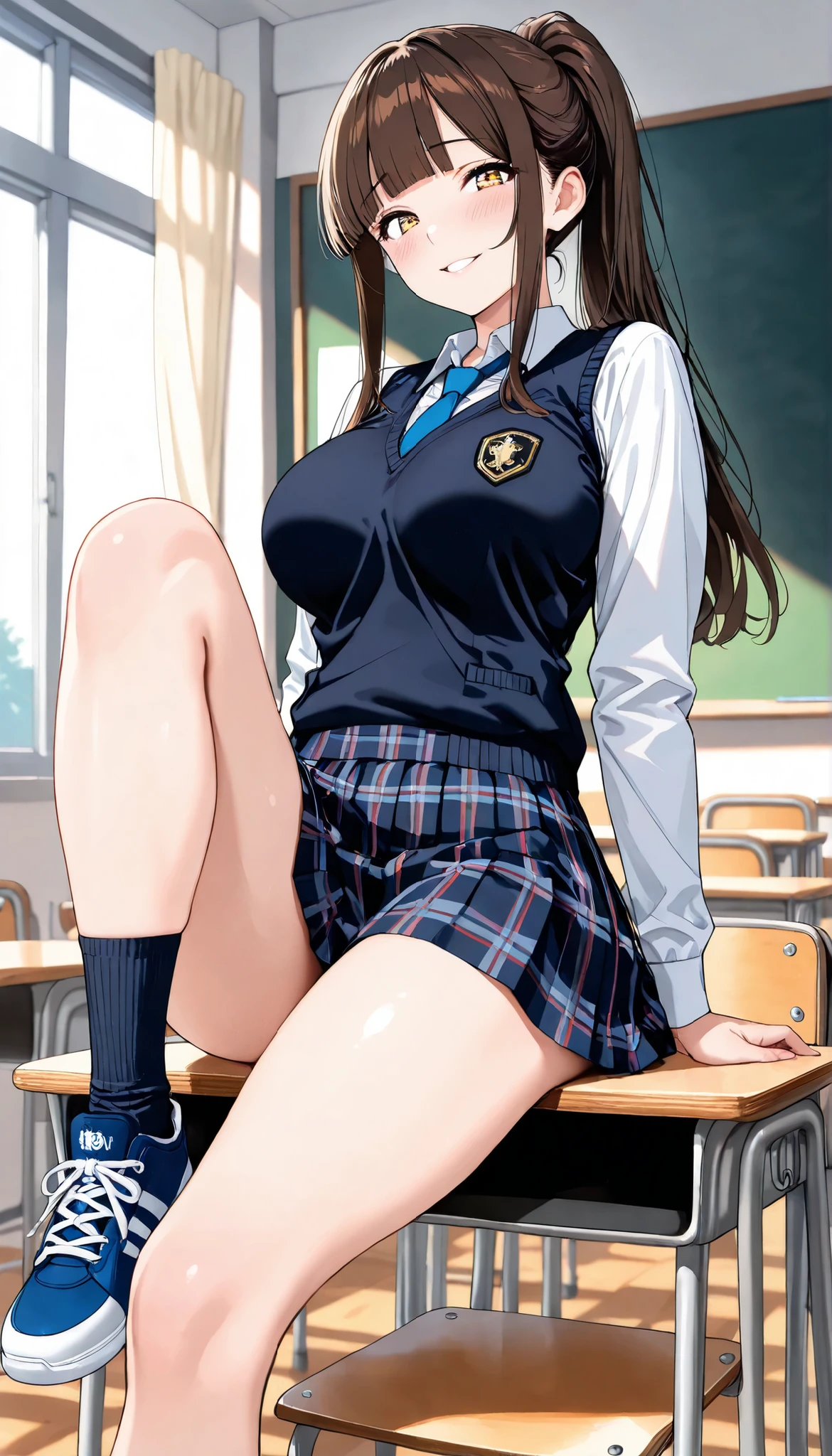 this is a anime  illustration picture of a  woman sitting on a desk, 1girl, breasts, solo, , pantyhose, classroom, desk, black hair, long hair, sitting, , green jacket, school desk, , , looking at viewer, smile, jacket, large breasts, , indoors,  under pantyhose, black , on desk, collarbone, off shoulder, red eyes, long sleeves, thighband pantyhose, sitting on desk, closed mouth, black pantyhose,shiny skin,photorealistic, mayumi saegusa, black hair, long hair, wavy hair, ribbon, red eyes, medium breast, , dress, white dress, collared dress, pencil dress, light green jacket, cropped jacket, , long sleeves, brazer, necktie, black necktie, armpits, , , spread , wet , , arm behind head,
