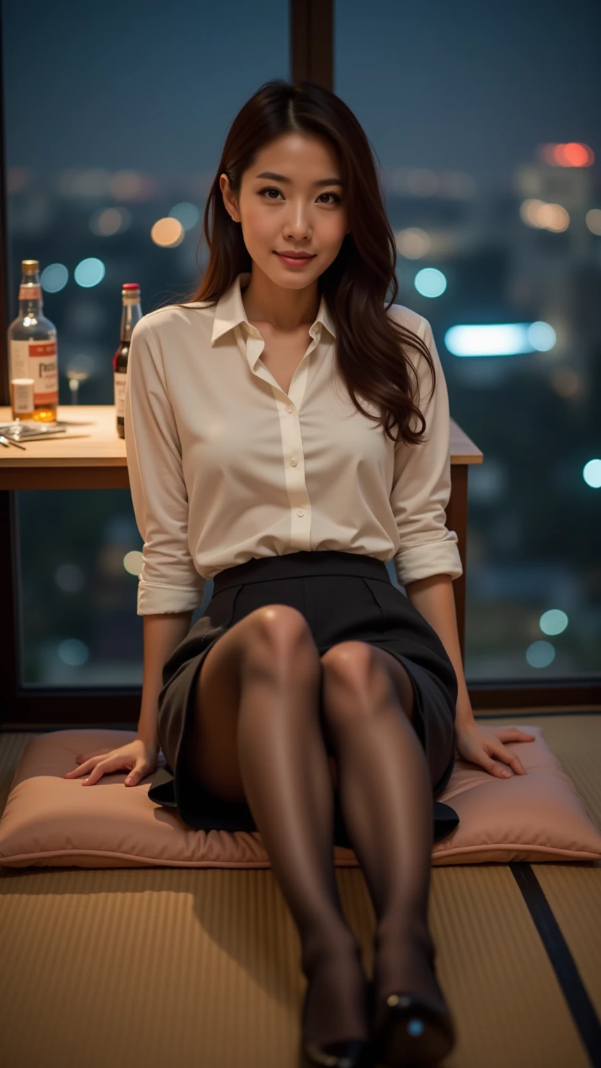 (Highest quality、Ultra-high resolution、masterpiece、8K)、(Delicate face、Detailed eyes and face、Watery eyes、double eyelid、Glossy lips), 1 girl 、(Above the knee shot)、Very beautiful woman、Slender、Slim Big、Sharp long legs、Alluring and 、(Random color collared shirt、Random color patterned skirt),(silk pantyhose),(High heels)、、Perfect 、Anatomically correct、High-definition skin texture、night、Wind、Starry Sky、moon、Professional Lighting