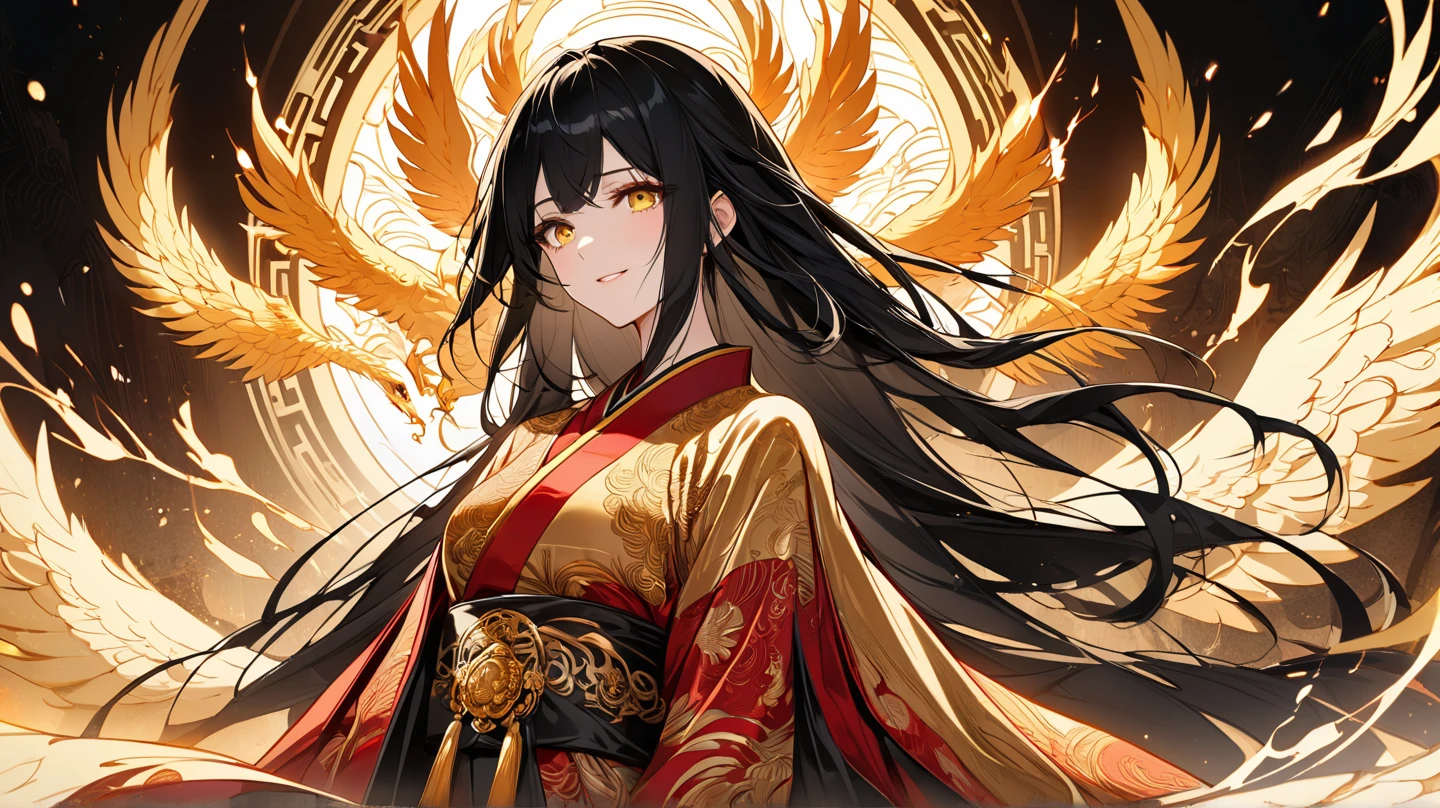 Become a,Phoenix robe,Long hair,Bangs,Chinese style,Beautiful black eyes,Extremely detailed,high resolution,Simple background