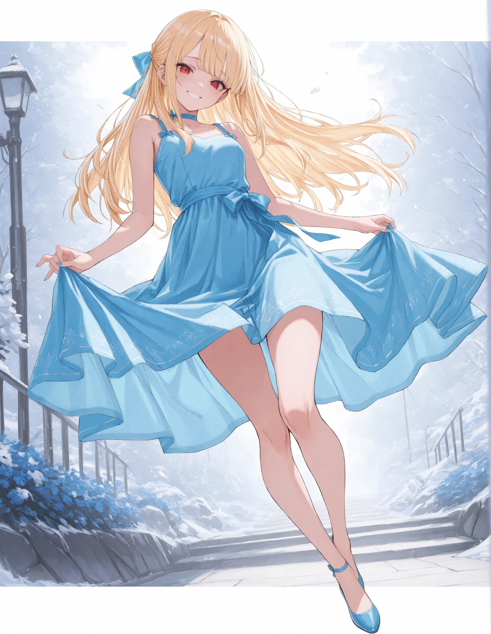 ((full body)),(((Dutch angle))), (((cute face))),(((arms at hip))), blunt bangs, sideburns, blonde hair, red ribbons, glossy hair, straight hair, long hair,(((blue eyes))),  freckles, blushed:1.5, charming, floating, top quality, best quality, 8k, 16k, (flowered dress), dress:1.5),(sleeveless dress:1.5), outdoors at park, blue skies, flowers floating around, lens flares, ((( many water drops floating))), (((petals floating))), (((frost floating everywhere))),(((translucid dress))),(((wet dress))), long legs