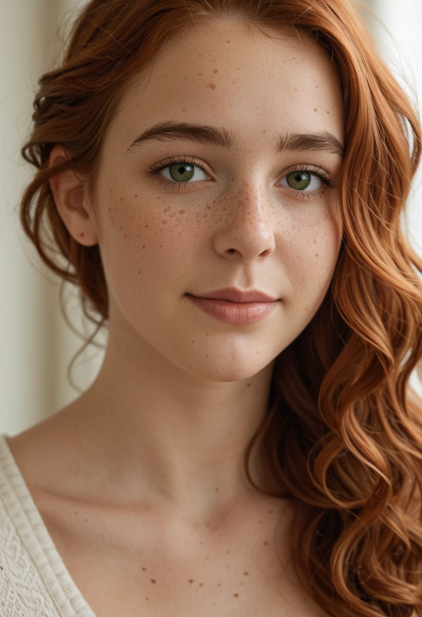 "Woman, American, 20 years old, fair skin with freckles, blue-gray eyes, delicate nose, soft and delicate lips, long wavy ginger-hair, sweet smile."