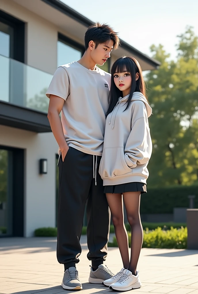 Girl and boy, a couple love, 4k, very detail, realistic, necklace, many bracelet, nike shoes, full body, 25 years old, scary face, grey theme, fancy
