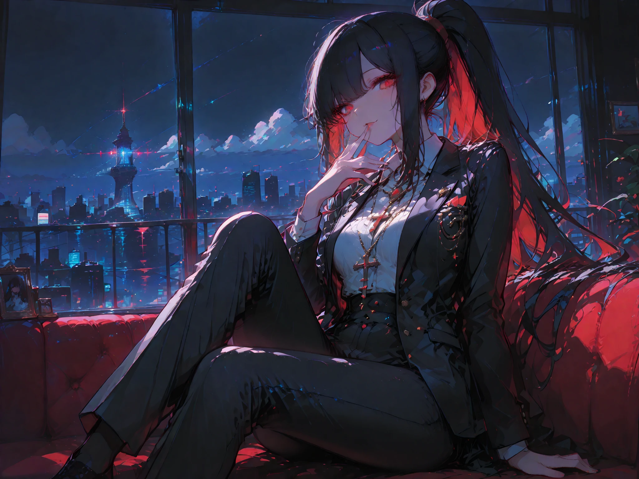 (Masterpiece, Best Quality, Ultra High Resolution , Digital Art,Beautiful and Aesthetic ) . ( One Fashionable adult girl with a short oblique bob, slender figure, expressive and dominating look ) in modern men's suit in youth style , matte black color , lovely thin white but long tie , (silk thick threads of red color connect the necklines on the sides of the whole suit) , . The character sits on a large massive sofa with lots of leather and metal patterns on it in vintage style , an interesting and atmospheric pose that characterizes the character , .