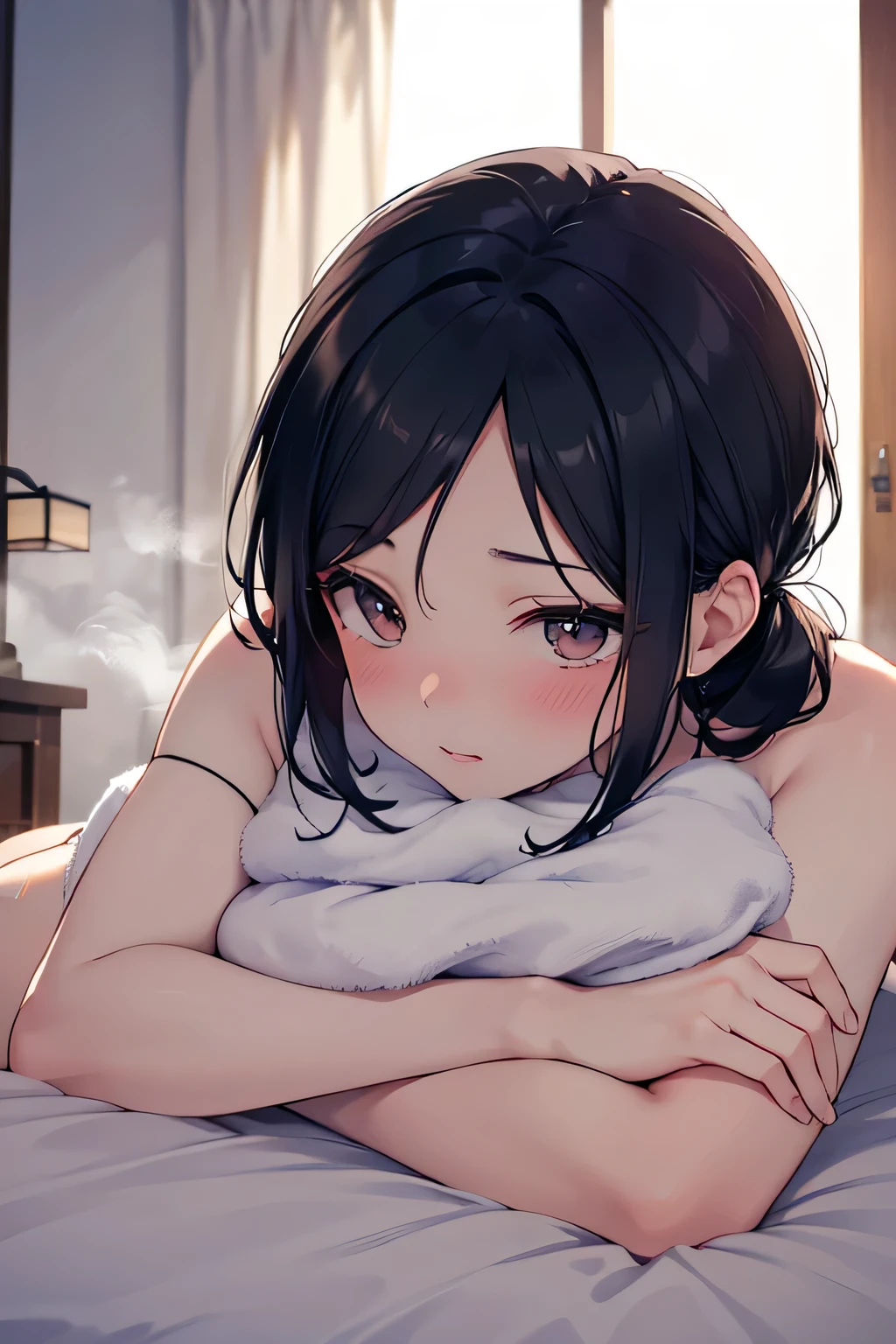 Generate an image of a woman with blackish-brown short bob hair, peacefully asleep on a bed in a completely dark room. No light is shining directly on the woman, emphasizing the nighttime atmosphere. She has a contented sleeping expression with a blanket covering her up to her shoulders. Capture a bust-up shot, focusing on her from the chest up