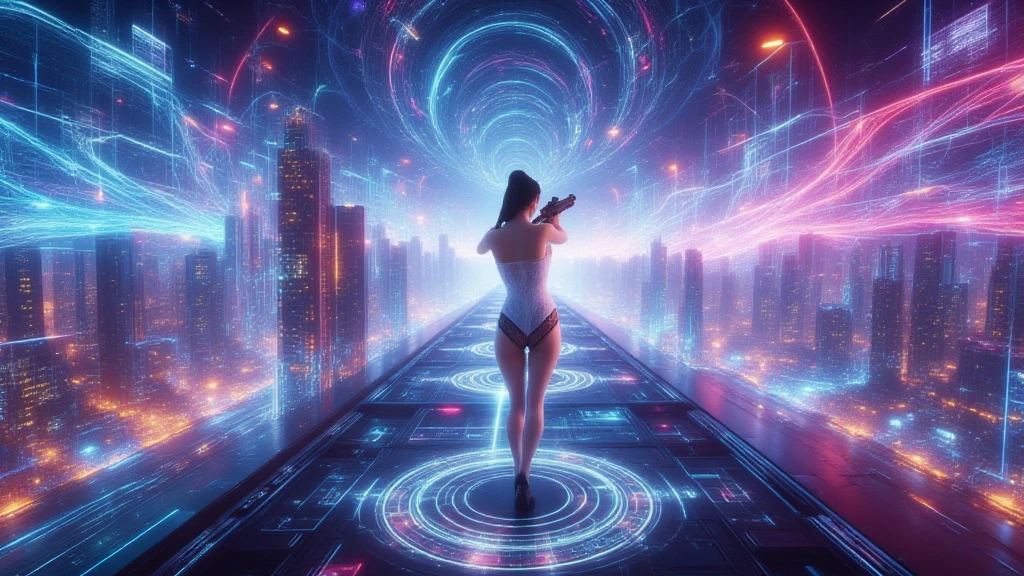 Brightly colored abstract aerial view image of a (((((futuristic railway station))))) with a spiral, a (((futuristic all-glass train))) passing by, epic beautiful space sci-fi, chaotic cinematic space rift, Greg Beeple, planets colliding, Beeple and Tim Hildebrandt, Beeple and Jean Giraud, end of the universe, (((giant glass lion sculpture))), galaxy space sci-fi, ringworld, by Mike "Beeple" Winkelmann. Matrix style, (((Matrix cascading code))), (((a futuristic twin tower skyscraper with a unique twisted design))), (((OLED GUI interfaces in the building))), at night, (((((1girl, solo))))), photo realistic, (((((((large-breast:1.2 body, cleavage:1.4))))))), (((((off broken mini sling-shirt and black sling , extreamly short pleated  exposing ))))), (((((running pose))))), (((((((matrix style black micro sunglasses))))))), ((((((((((aiming with a short gun)))))))))), (((((looking at camera))))), (((very low view))), (((((half-body thigh level medium shot))))), (((cinematic lighting))).