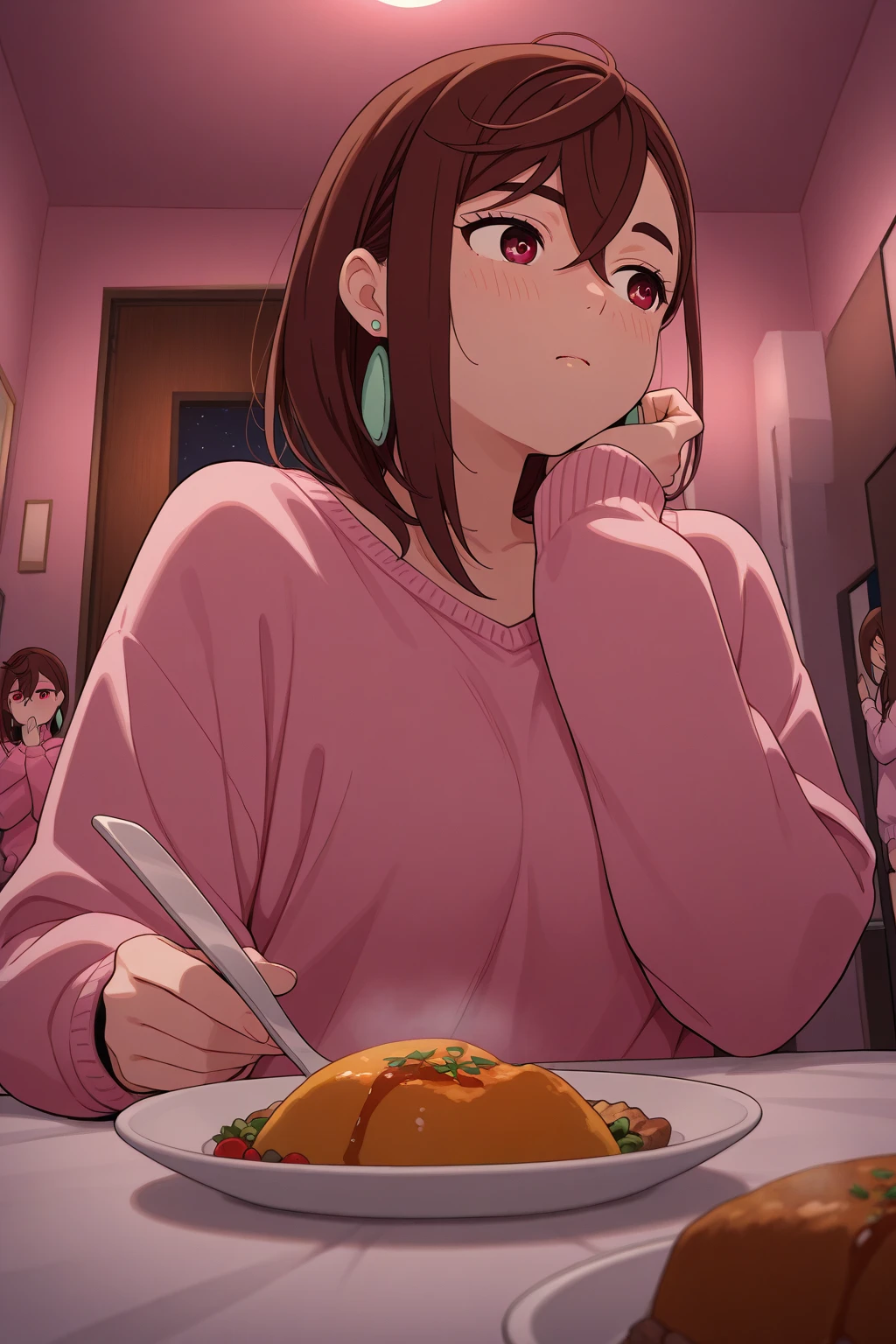 Pregnant woman, sitting on the sofa, while eating popcorn, background in the living room with TV, anime screencap