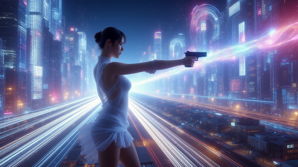 aerial view. Estilo: arte conceitual. A cena: Futuristic cityscapes with all-glass towering skyscrapers, flying vehicle, 1drone. OLED GUI interfaces in the building, The windows are filled with ( data visualization infographics) that show it all, from weather patterns to traffic flow, Matrix cascading code. Matrix style, at night, dark sky, ((1girl, solo)), photo realistic, (medium-breast:1.2 slim body, cleavage), tube top, , (black sunglasses), (pistol aiming pose), (half-body thigh level medium shot), cinematic lighting.