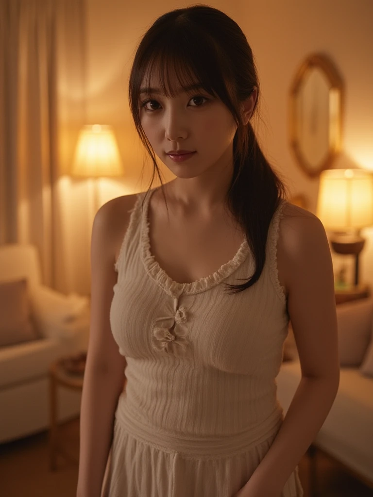 1girl, woman, masterpiece, best quality, highest quality, studio lighting, extremely detailed CG unity 8k wallpaper, focused, 8k wallpaper, extremely detailed, ultra realistic, photorealistic, sharp focus, absurdres, (HDR:1.2), (high contrast), photograph, detailed and intricate, instagram, portrait, highly detailed, digital painting, artstation, concept art, smooth, sharp focus, illustration, cinematic lighting, (big :1.2), medium shoulder, show thigh, realistic skin, skirt, knit tank top, Morning: Fujifilm X-T4 camera with a Fujinon XF 16-55mm f/2.8 R LM WR lens.