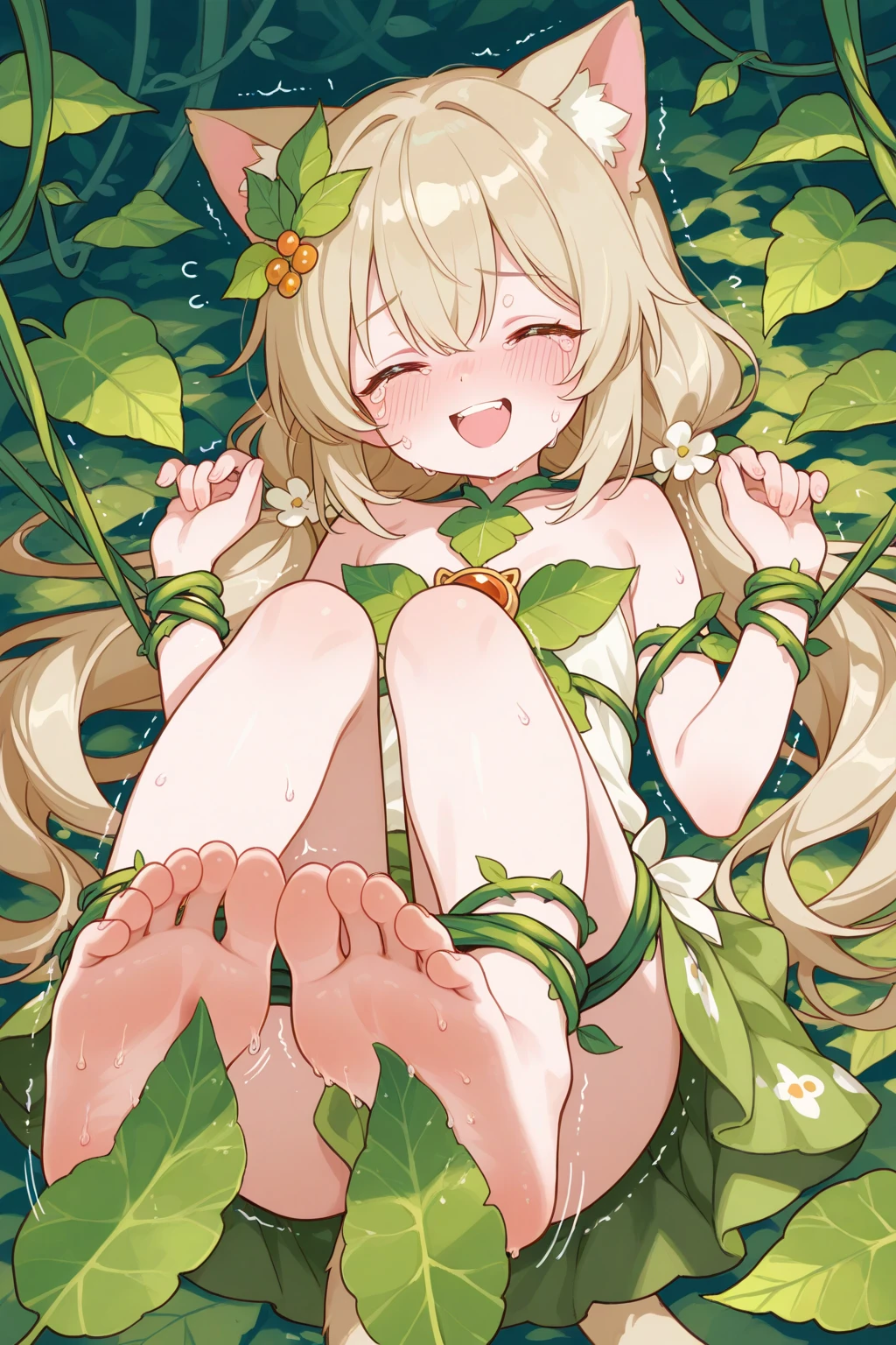 1girl, ????, kohinata_ichigo, BLONDE HAIR, STRAWBERRY HAIR ORNAMENT,  solo, long hair, braid, , HAIR BOBBLES, LONG HAIR, RED EYES,, empty eyes, ?????????????, ??????, Standing ???, Orchard, frozen, Wet, crying, ?????, (1girl) Blank look, solo , Peeing, lactation, projectile lactation