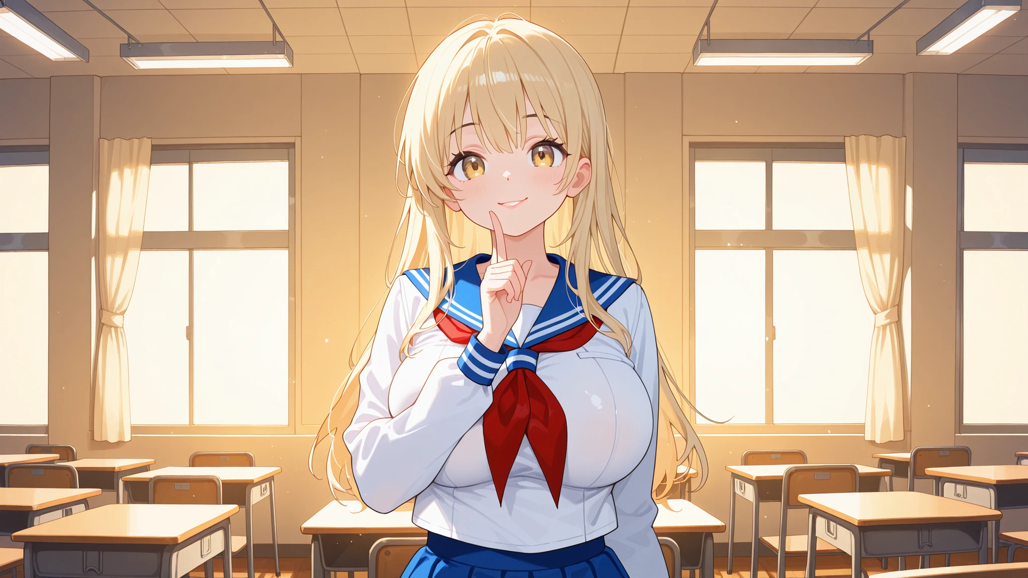 high school girl、School classroom、((Big Breasts))、((((独奏))))、smirk、1 girl、from below、With a cheek cane