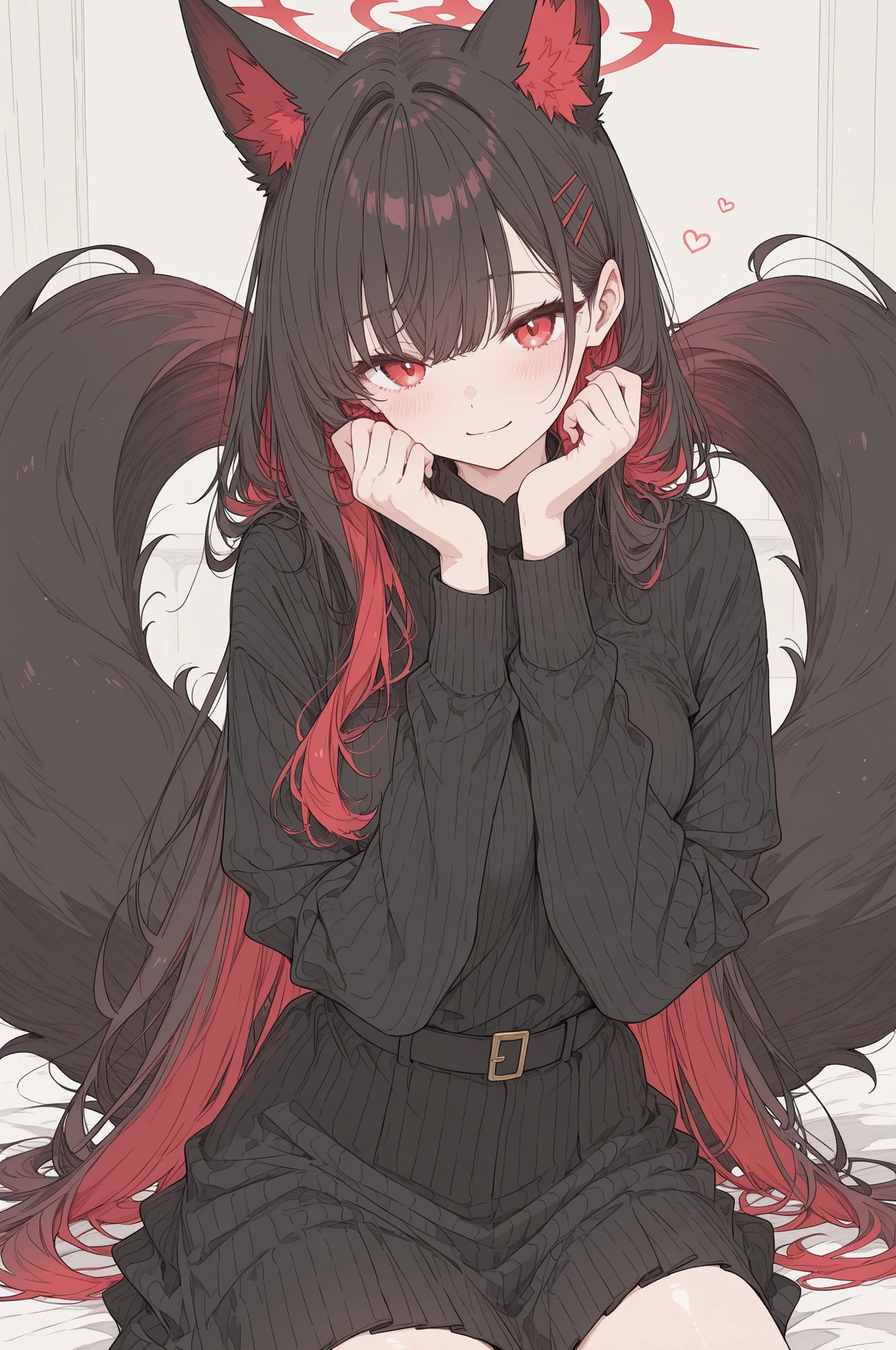 1girl, tall, long black wavy hair, red eyes, black sweater, large breasts, large thighs, long black socks, black shorts, long fangs, black background with glitches, standing, evil smile, red horns