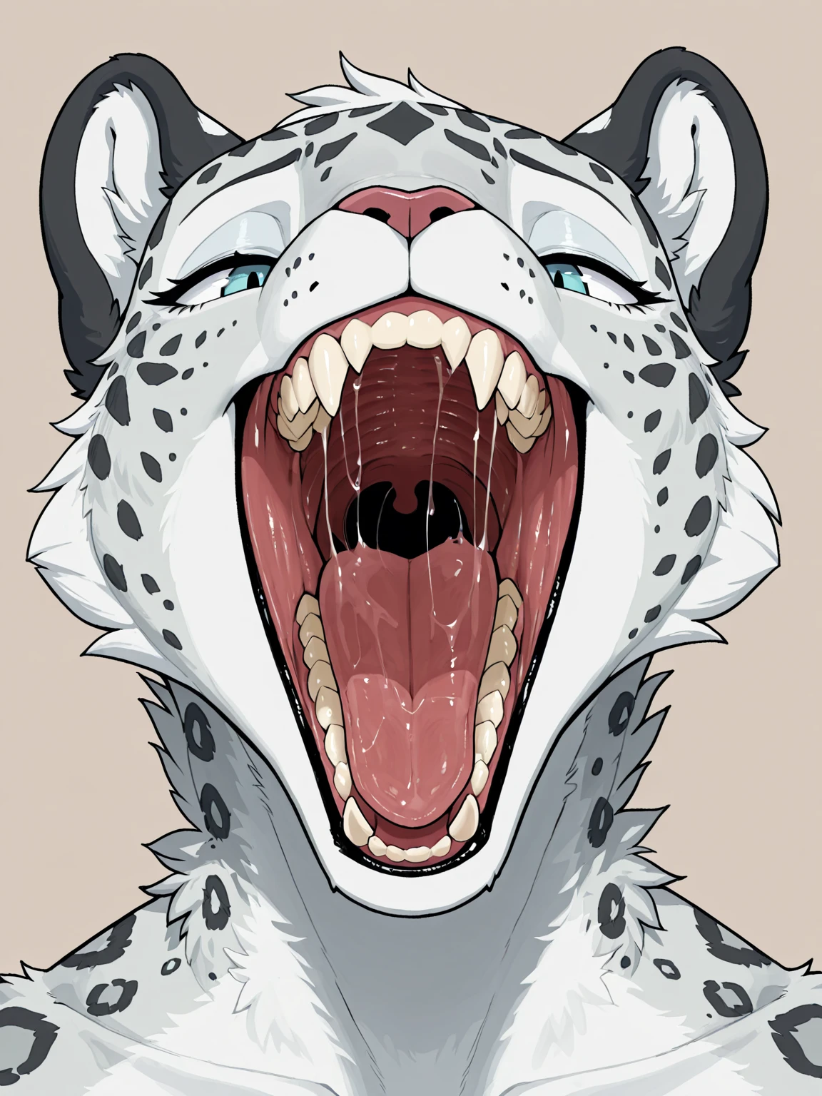 muscular T-Rex dinosaur. Rusty-gray to dark-gray skin. Strong jaw, smile, mouth, detailed mouth, teeth, thick , saliva, throat, maw shot, throat close up, detailed throat. T-Rex mouth, front facing