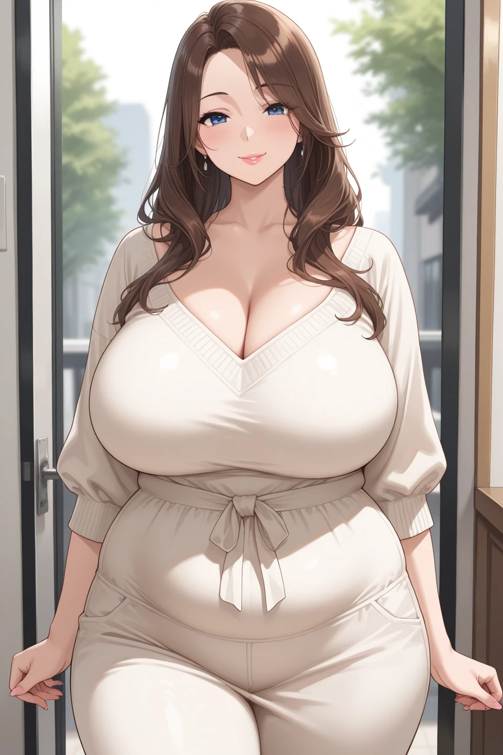 SeaArt Bot Upscaling Default 26k Wallpaper, masterpiece, Highest quality, Very detailed, 30~40 years, Full Body Shot, Mature Woman, beautiful Mature Woman, Nightgowns and , Captivating smile, Thick lips, plump唇, blush, Looking at the audience, Provocative expression, Short Hairstyles, Cleavage, plump、Curvy Hips、Attractive face、Mischievous face、　、An inviting gaze、Expressing emotions、 、   set、Standing position、Gorgeous Accessories