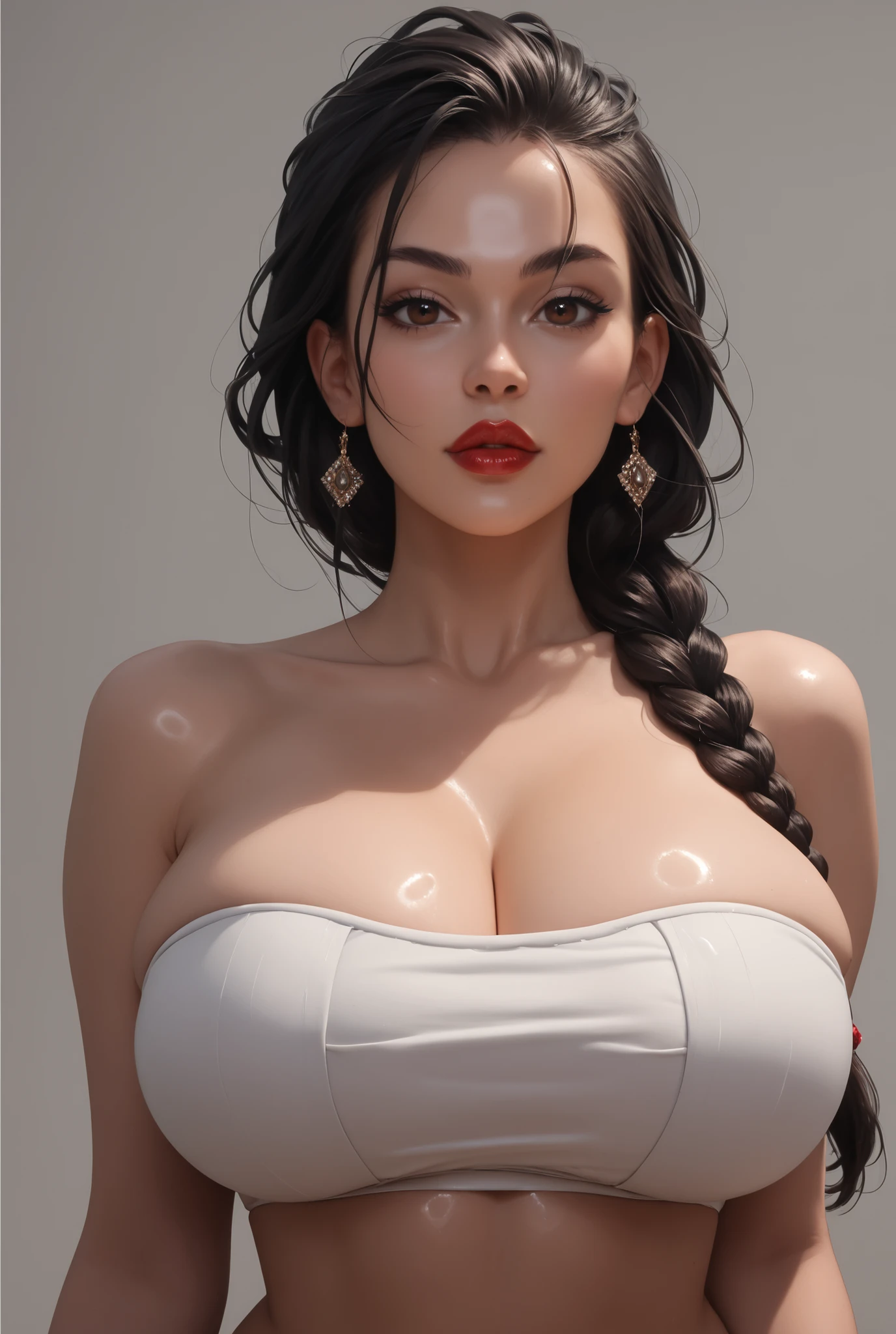 Highly detailed realistic photograph of (Orapun Fai), brown eyes, ((in an ancient jungle temple)), wearing a (( white dress)), ((dark hair sheen), large natural breasts, beaked breasts marking clothing,, small mouth and fleshy lips, long eyelashes, provocative, , , torso shot,  intricate, bright soft diffused light, detailed skin, detailed hair, realistic skin texture, texture, detailed eyes, professional, 4k, shot on Canon, 85mm, shallow depth of field, post-processing, maximum detail, roughness, real life, ultra realistic, photorealism, photography, glamour, pores, natural, detailed face