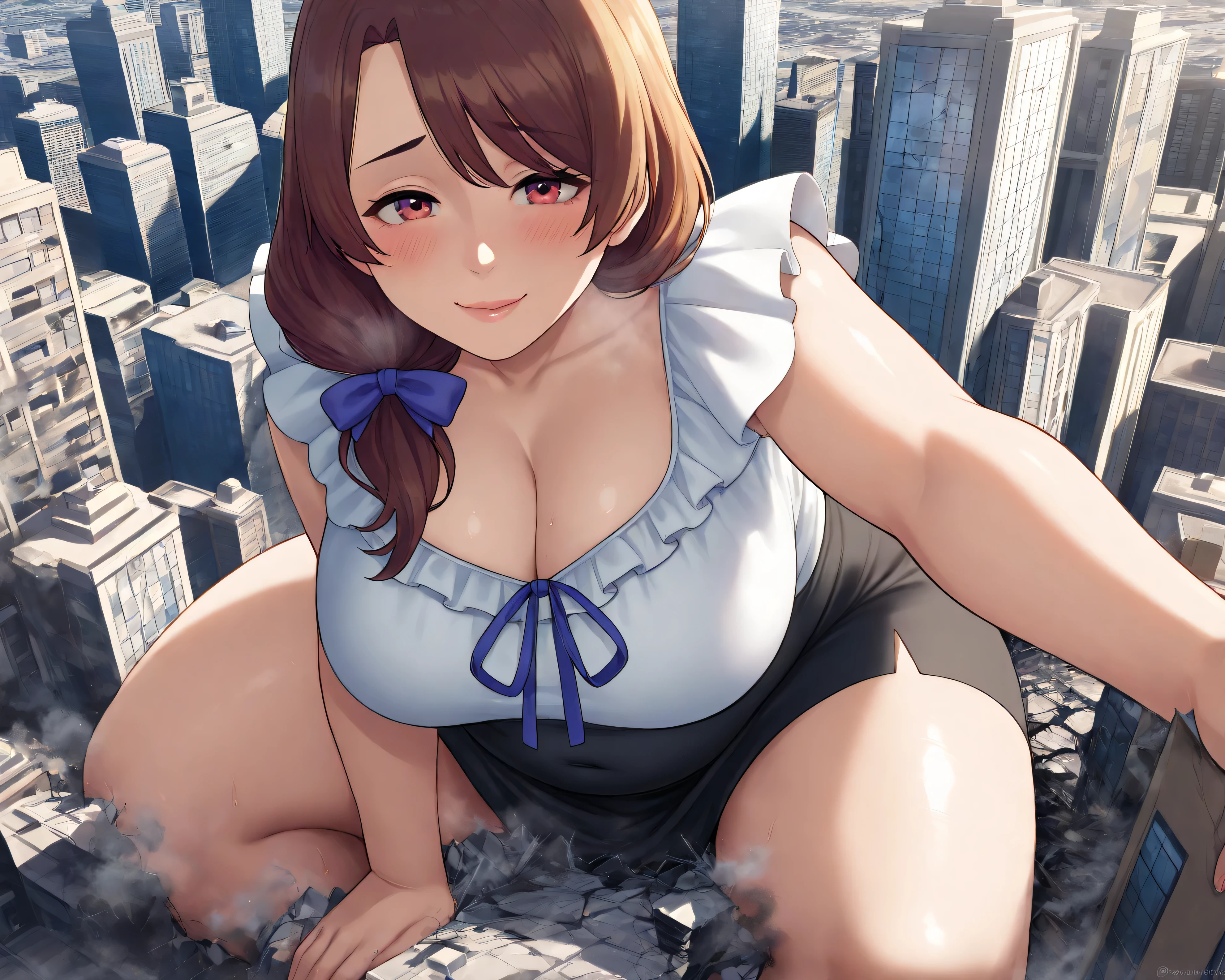 ((Best Quality, 8K, masutepiece :1.3)), Whole body, Sharp Focus :1.2, A pretty woman with perfect figure :1.4, Slender Abs :1.2, ((dark brown hair, Big breasts :1.2)), Body dress :1.1, (Night City View, Modern balcony :1.1), Highly detailed face and skin texture, Detailed eyes, double eyelid, , Office