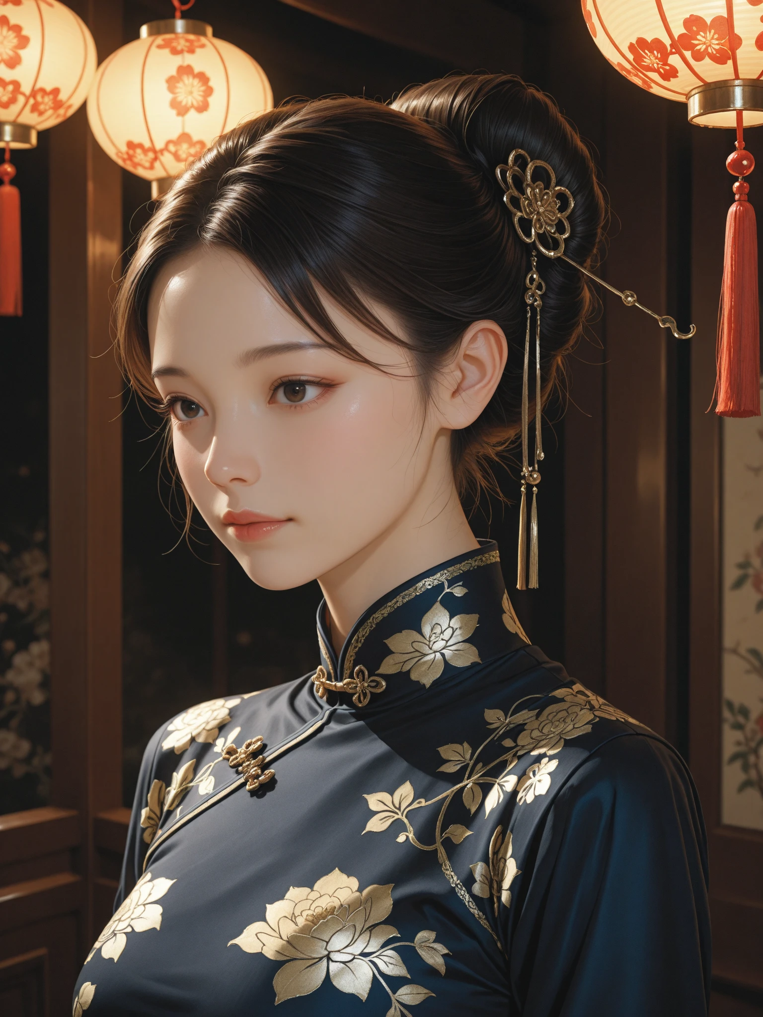 Body Portrait, 8k, Narrow and beautiful eyes, Dindal effect, masterpiece, 最high quality, high quality, High resolution, Highly detailed photos, (Natural skin texture, Fine skin, Hyperrealism, Ultra Sharpness), Skin with attention to detail, (Very fine, Fine skin texture, Intricate details, Beautiful Face, (Realistic Face), Realistic eyes, Beautiful and detailed eyes, Realistic Skin, Beautiful Skin, Surreal, Highly detailed golden ratio, Smiling Eyes, Body Portrait, G-Cup, , , , glamorous, ((Cheongsam:1.4)),