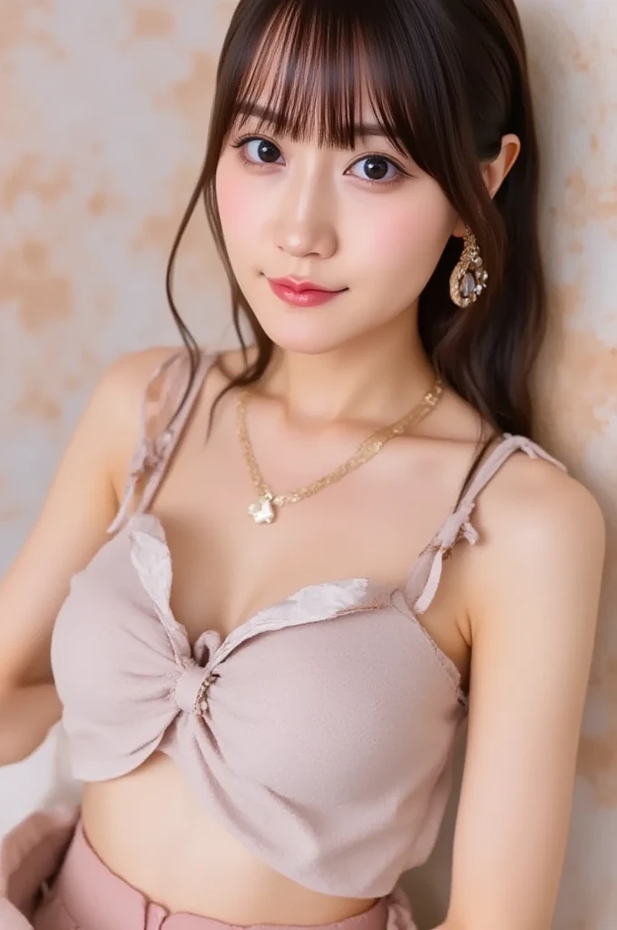 (1 girl:1.3), Alone, (very detailed face) full body masterpiece, Ultra realistic, 16K, Dreamy atmosphere, r3b3cc4 young, Sensual (), 1 girl (cute young) alone, delicate (seductive) female face, silky realistic hair, looking at viewer, () Sakuragi Otome (otome dori), pale-brown and golden hair (gradient colors) , simple unfocused background, bedroom background, jewelry, earrings, necklace, young beauty, portrait, hoop earrings, realistic, soft lighting, slender hot body , photorealistic, detailed clear eyes, extremely , delicate feminine, muscular female body, large natural , belly hot, narrow waist, proportionally big , thick legs, beautiful, , different sensual positions, raw, analog, sharp focus, 8K, high definition, dslr, high quality, Fujifilm XT3, Film grain, award winning, highly detailed skin artwork, realistic skin details, visible pores, clear focus, volumetric fog, 8k hd, dslr, high quality, Film grain, light skin, photographic realism , lomography 