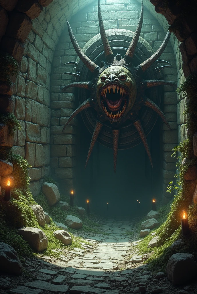 quality\(8k,wallpaper of extremely detailed CG unit, ​masterpiece,hight resolution,top-quality,top-quality real texture skin,hyper realisitic,increase the resolution,RAW photos,best qualtiy,highly detailed,the wallpaper,cinematic lighting,ray trace,golden ratio\), BREAK ,male wearing Mimic\(chest, sharp teeth,motion blur\)  on his head is running after viewer from far away, in dark dungeon,long shot,screen shot of the game