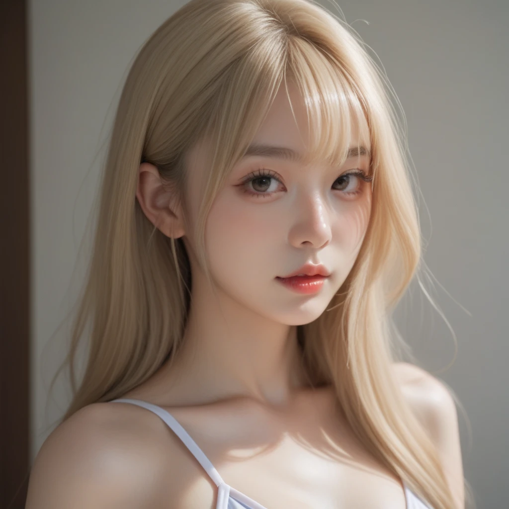 (((Blonde、White background)))、An innocent 18-year-old girl、((White tank top、Blonde、forehead、Dramatic Pose))、smile、Long Hair、White background、RAW Photos、(8K、Highest quality、masterpiece:1.2)、(Exquisite detail:1.4)、(Realistic:1.4)、Octane Rendering、Complex 3D rendering with ultra-detail、Studio Soft Light、Rim Light、Sharp details、Very detailed、Realistic skin texture、detailed aspects、Beautiful details、Very detailed CG Unity 16k 壁紙、Compensate、(Detailed Background:1.2)、Shiny skin、((Sit with your 、Top-down angle))