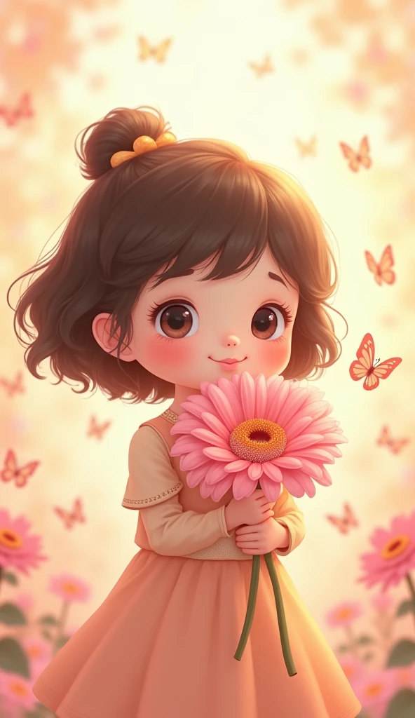 Cute little girl with long braids，Kissing in front of the camera，Wearing a skirt，Holding a huge flower，(Close your eyes:1.3)，3D Rendering，Solid color background，specific，chibi anime，Surrealism