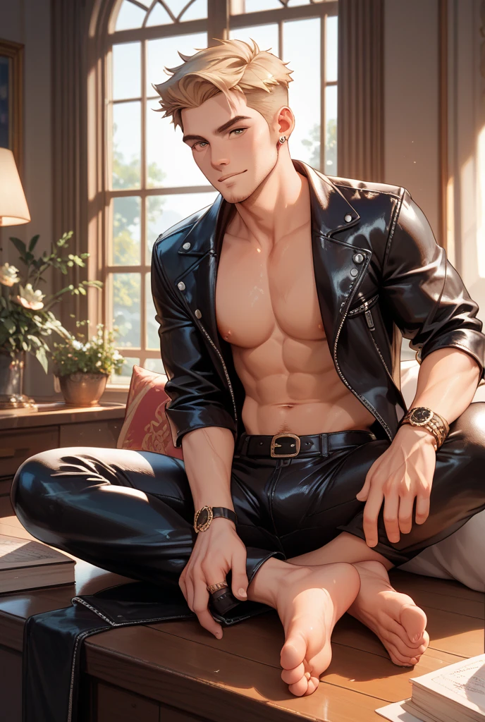 (absurderes, A high resolution, Ultra detailed, hdr), Masterpiece, Best quality, Portrait of a boy, Handsome boy with red eyes, Detailed face, Professional photo, The Alafed man is , Leaning comfortably，legs are open, (puffynipple(From below:1.1)), Focus on your audience,18 year old boy, Handsome boy, [ Firmly defined body ]，Burgundy shirt open，Abs， muscle，short white pants，large bulge，white shoe，wardrobe，