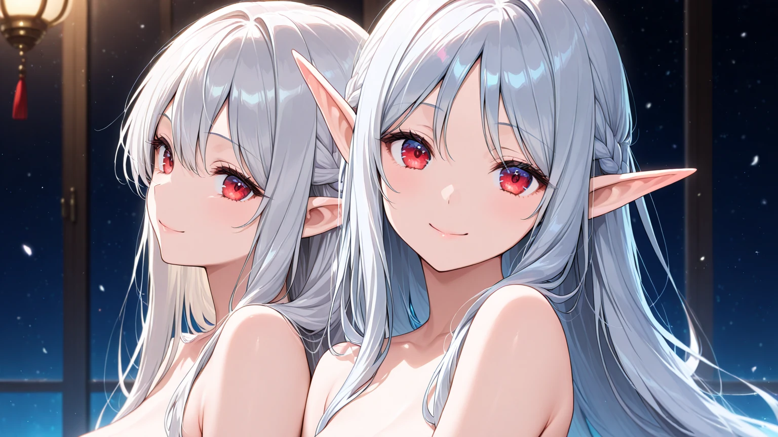 Highest quality、super high quality、16K,　1 slide、 Delicious 、、、Facial expressions are random、The location is Fantasy Hot Springs、 Hair color is silver hair、The pose is walking、The distance is random、The angle is from the top、Small face、Very delicate facial expressions、Delicate eye depiction、Highly detailed hair、、18-year-old female、Glowing Skin、Soft Skin、Only  Elf Women、Elf clothing is random、1 female、