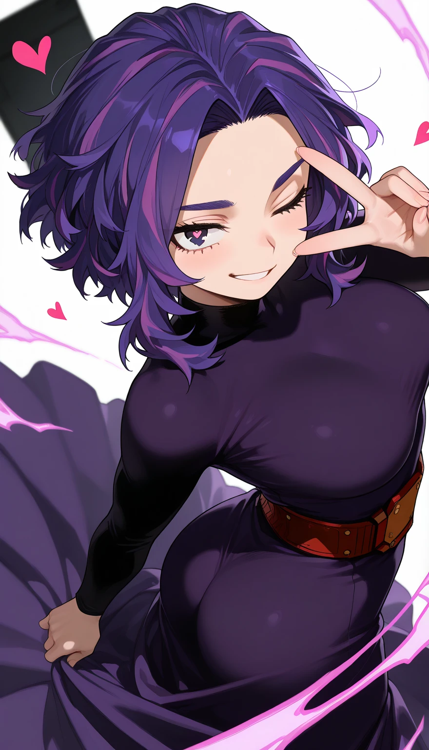 (masterpiece, highest quality:1.2), 1 girl, alone,Are standing_Split, 1girl, solo, full body, volumetric lighting, raven, 1girl, solo, blush, short hair, purple eyes, purple hair, cape, colored skin, anger vein, grey skin, forehead jewel