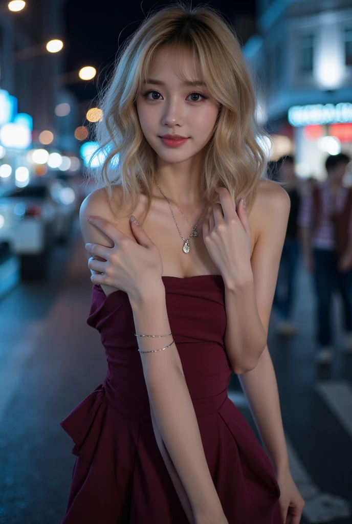 Best quality, masterpiece, ultra high res, (photorealistic:1.4), 1 Russian girl, blue eyes, blonde long hair, short purple flared dress, jewelry, earrings, standing, photo from the front, look at camera, night, sidewalk, by the river, high rise in the background, blur background