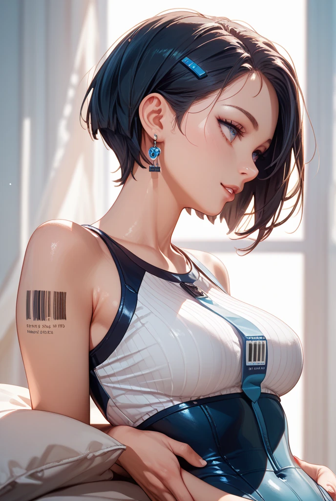 1 voluptuous woman, short black hair, hairstyle pixie, eyes, environment change scene, Female, wearing "jeans overalls" "without shirt",  shoulders, (simple background, white background: 1.3), illustration, ((masterpiece)), (((best quality))), UHD, highres, 8k, best quality, high details, anatomically correct