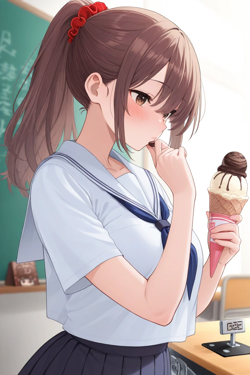 (((masterpiece, Highest quality, High resolution, 超High resolution, Perfect Pixel, Depth of written boundary, 4K, RTTX 10.0))), Beautiful Anime Women, Beautiful art style, Anime characters, ((Smooth texture, Realistic texture, Anime CG Style)), Exact finger count、Exact number of legs、(Exact number of arms:1.0, Exact number of hands:1.0), (Perfect hands, Perfect .1.5), Cinematic, Realistic, Extremely detailed CG, Daytime lighting, Perfect lighting, Best Shadow, The best natural light, Perfectly balanced style, Perfect body, (Slender body:1), whole body, ((bangs, Dark brown hair, Bobcut)), ((One woman is  an ice cream candy in her hand.:1.4)), ((Beautiful eyelashes)), ((Detailed face, Blushing:1.2)), (Beautiful and big breasts), (School classroom:1.3), (Fashionable white shirt, Sailor collar, Navy blue sailor suit, Knee-high socks, Navy pleated :1.3), (Please open your mouth wide:1.5), ((close your eyes:1)), ((cute, Sighing expression)), ( pleasure  expressions:1.4), ( expressions that put up with the toilet:1.2), Patience is the limit, On the brink of , Angle from the front
