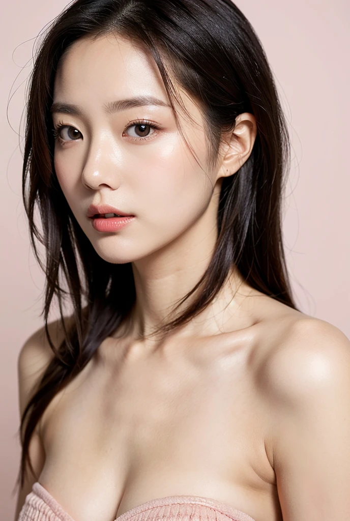 highest quality, masterpiece, Ultra-high resolution, (Realistic:1.4), RAW Photos, 19 years old, Simple gray background, ((Micro Bikini、Upper Body、Lean forward、Disheveled Hair)), Looking at the audience