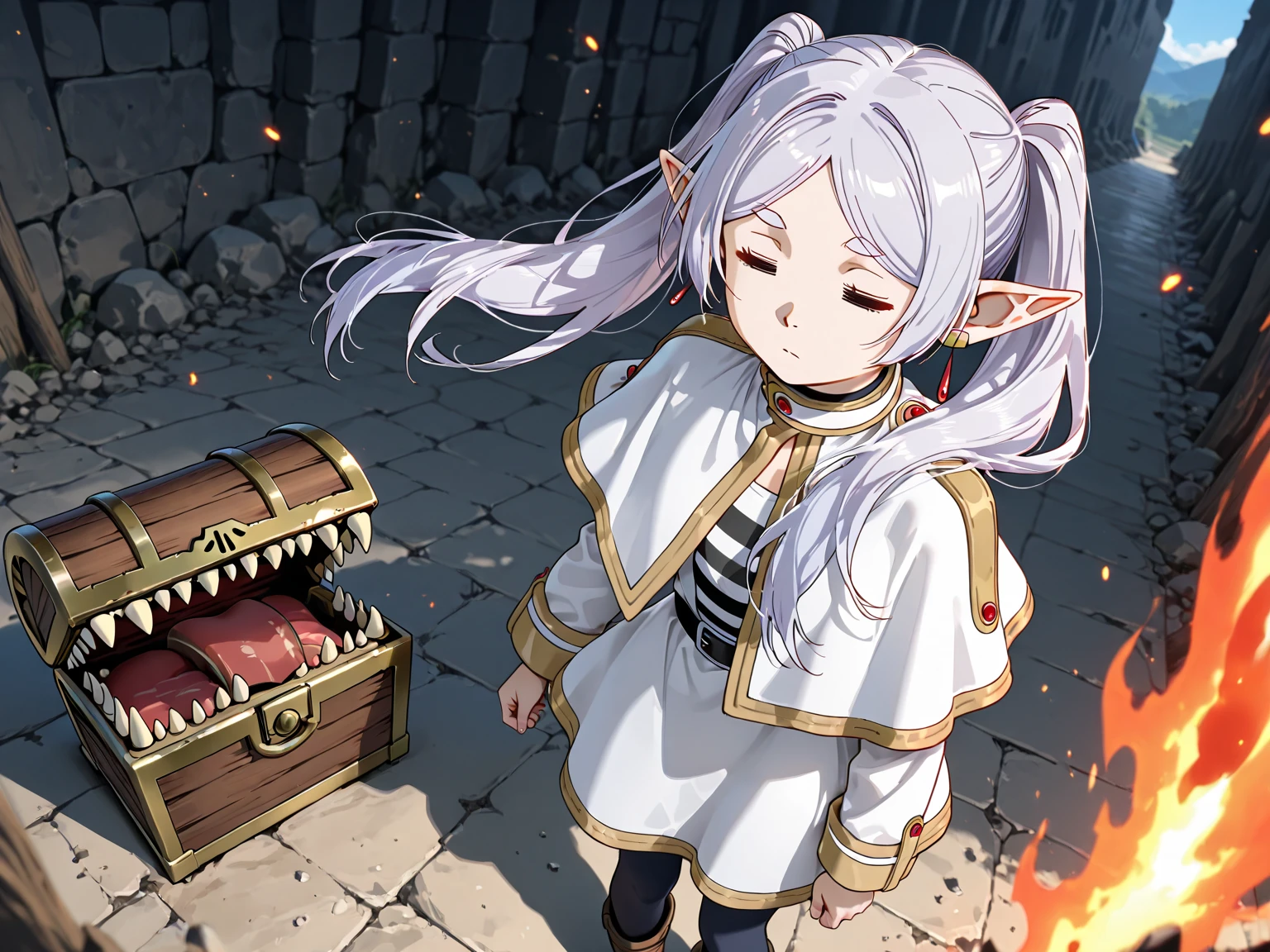 masterpiece, best quality, very aesthetic, absurdres, frieren, elf, mimic chest, frieren bitten on upper body by mimic, , , kneeling, (be bitten by a mimic)
