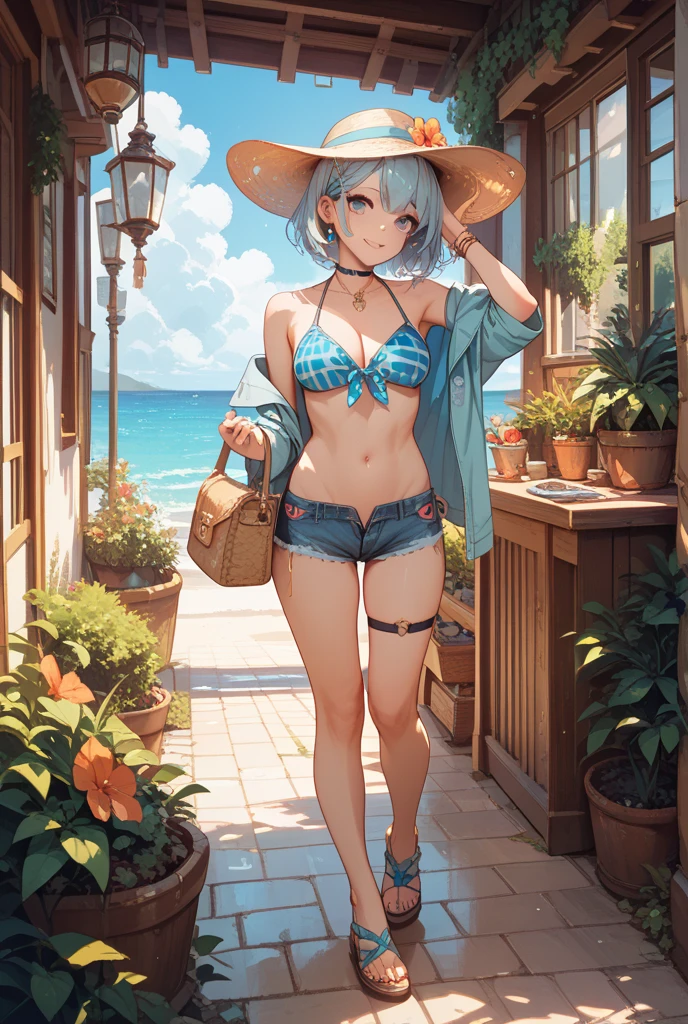  (best quality), (very aesthetic), (ultra-detailed), (best illustration),1 girl, perfect body, colorful  top, jacket, shorts, hairband, necklace, bracelets, walking, beachside streets with elaborate details, afternoon,smile