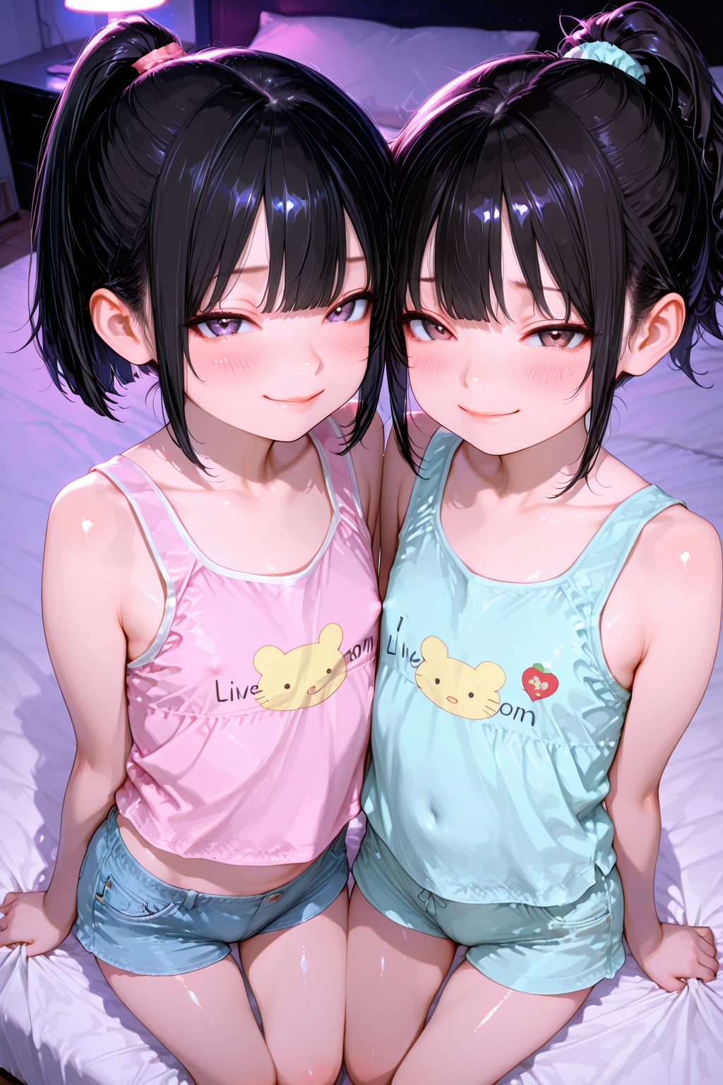 Hands Behind Back,Tied with hands behind back,from front,front view,looking at viewer, looking ahead,from above,cowboy shot,2girl,two people standing side by side,Beautiful 11 year old girl,Japanese,Slender,,low length,Small breasts,Thin legs,Small Ass,Baby Face,Small face,Black Hair,Row Twin Tails,Short Twin Tails,Gray Eyes,Drooping eyes,middle School girls,Sheer black and pink ,,open mouth,tongue out,front face,Kneeling,Straight Stand,Beautiful and detailed anime art,Anxious expression,Sexy vibe, on tongue,Dimly lit room,On the bed,Simple Background,Gray background,Low lighting,