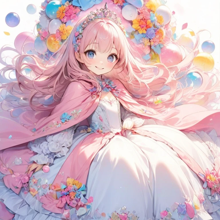 masterpiece, best quality, 8k resolution, sharp focus, intricate detail, beautiful girl, sparkling eyes, golden ratio face, otherworldly liquid, watercolor, sunset colors, bright colors, whimsical, colorful, sharp focus, high resolution, fine detail, ((layered tiered puffy long sleeves ballgown)), ((round eyes)), iridescent bubbles, fantasia background