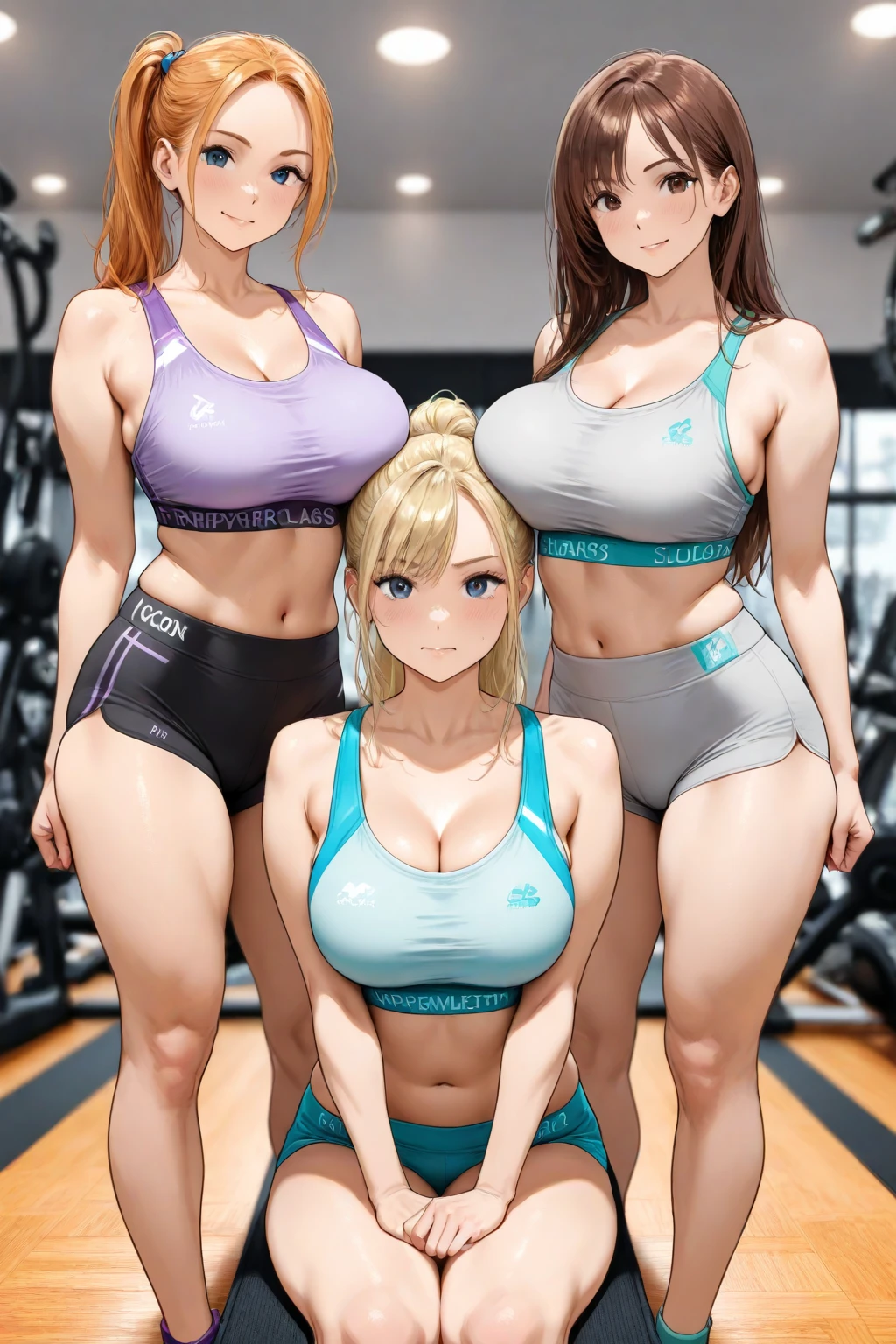 Four Unrealistically beautiful twenty-five year old girls in tight leggings in the gym. Big breasts. Big asses. Wide hips. Big thighs. Very beautiful faces. Cute faces.