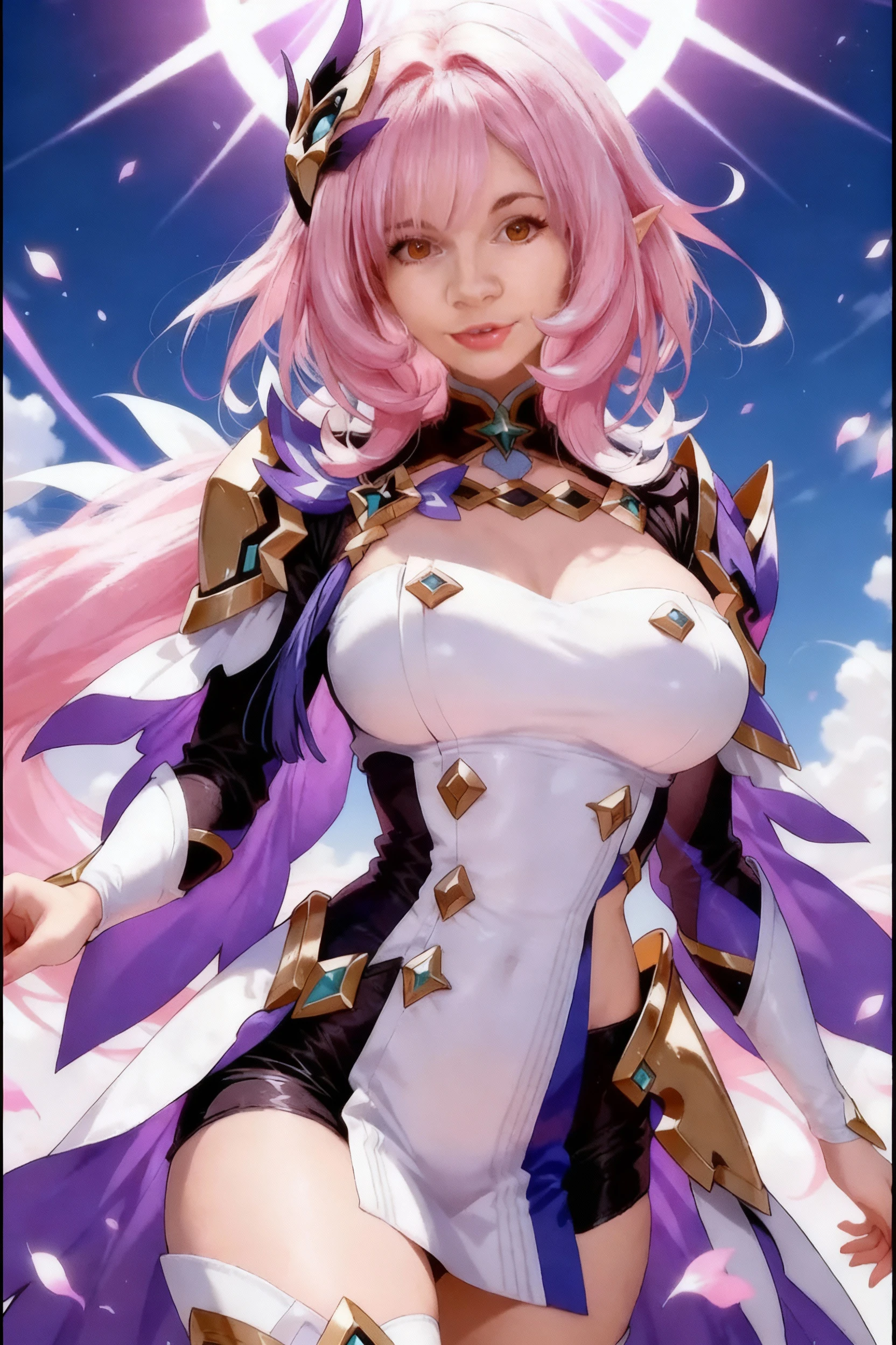 (masterpiece, round_iris, extremely crisp crystalline shiny purple eyes, perfect_, extremely_captivating_hypnotic_mystic_eyes, ) perfect face, pointy ears, long baby pink hair, smiling evil, big breasts, wearing a fantasy dress, fae, elf, fantasy, upper body shot, dynamic pose, fantasy forest, dragon by her side, best quality, 4k