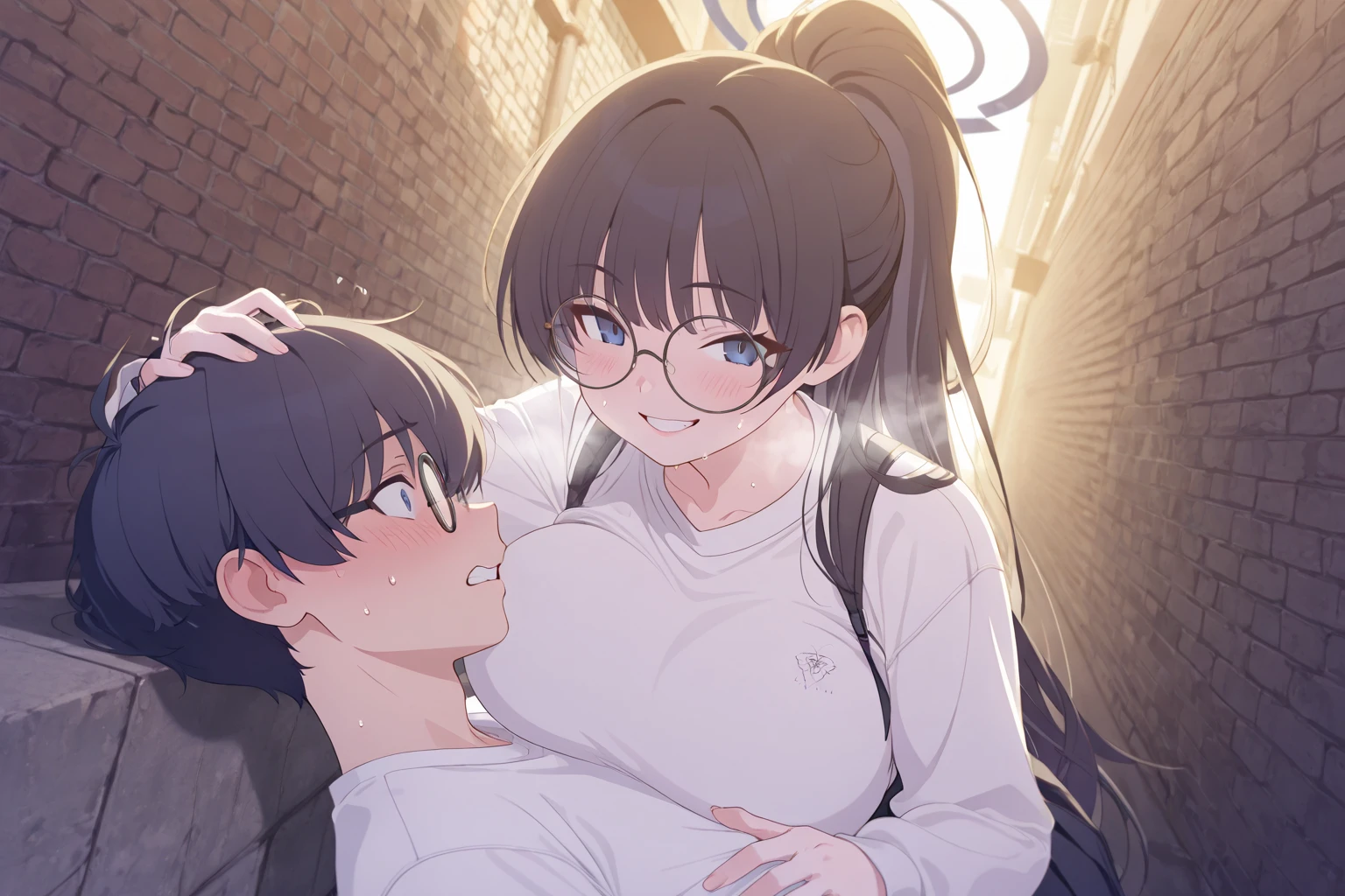 masterpiece, best quality, (one boy and one girl are :1.3), home, on bed, (
man on top:1.3), high school student, glasses,  (pregnant:1.2), short height, medium length hair, (ahoge:1.0), (brown hair:1.2), brown eyes, hairs between eyes, black thighhighs, (saliva:1.4), (:1.5), (sweat:1.2), (show off :1.4)