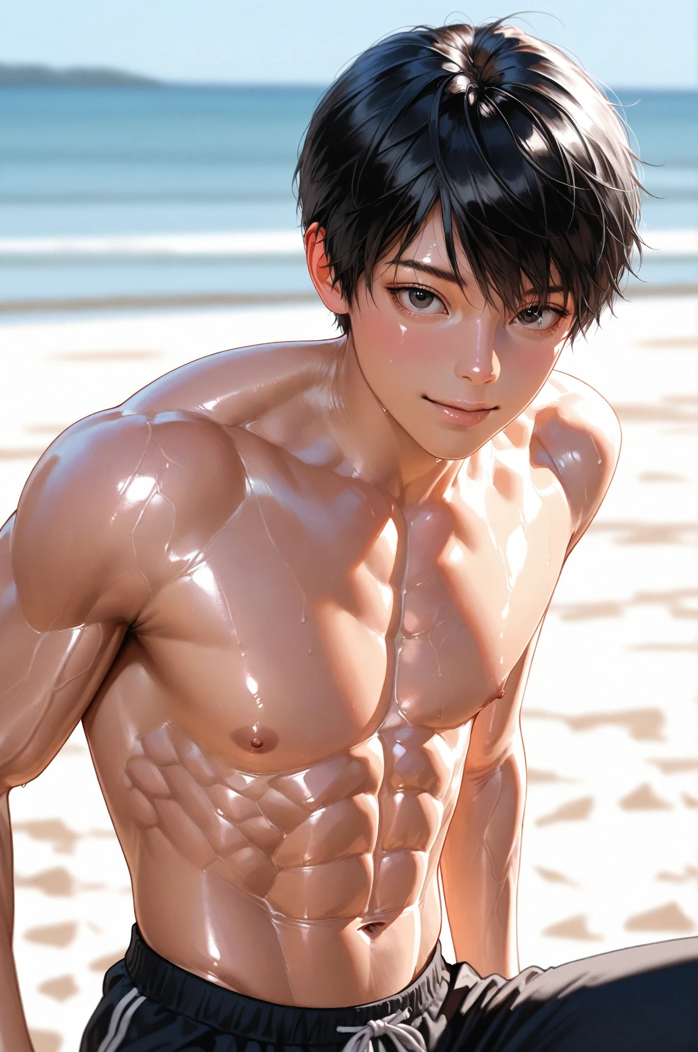 high quality, detailed, photo Realistic,(17 years old tanned japanese school boy), (detailed black eyes), (black short hair),(abs;1.3),(tanned dark brown shiny skin),summer beach afternoon,detailed , (best quality,4k,8k,highres,masterpiece:1.2),(realistic,photorealistic,photo-realistic:1.37),