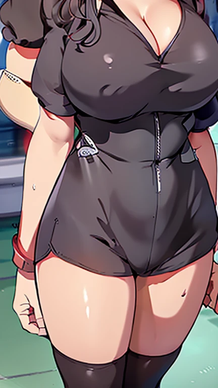 1girl, short hair, mature, milf, ponytail, parted lips, blush, makeup, provoking, navel, underboob, sitting, , classroom, school bag, light rays, glow, thighs, collarbone, narrow waist, (masterpiece), wallpaper,