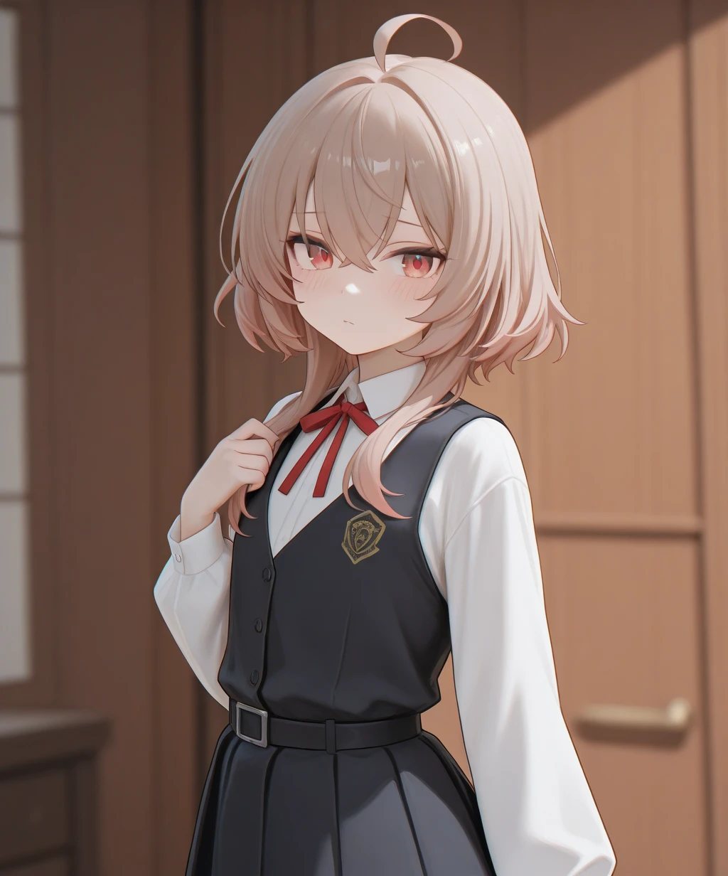masterpiece, best quality, highres, ui3, 1girl, solo, green eyes, pom pom \(clothes\), pinafore dress, white shirt, white socks, long sleeves, aged down, short hair, belt, red bowtie, bangs, school uniform, blue dress, collared shirt, cowboy shot,