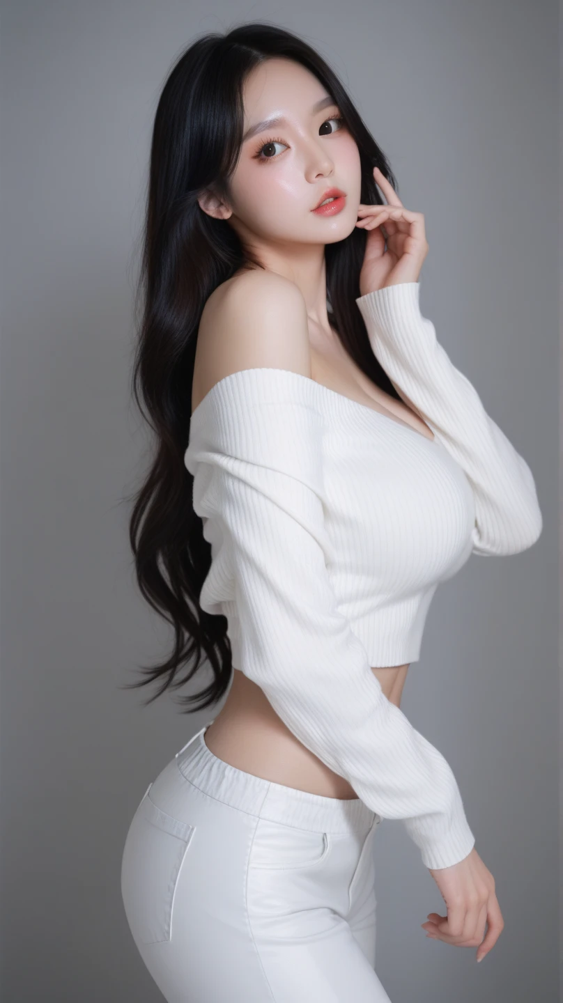 25-year-old woman, long black wavy hair、Bans、 turtleneck sweater, Puffy 、tight jeans pants, Jacket、Medium Milk, Cute Smile、(Butt sticking out pose)、(looked back)、Sexy Hips、Red High Heels、Park with a lake、Sexy pose、sexy lace 、Large Necklace、Earrings、Full-body photo